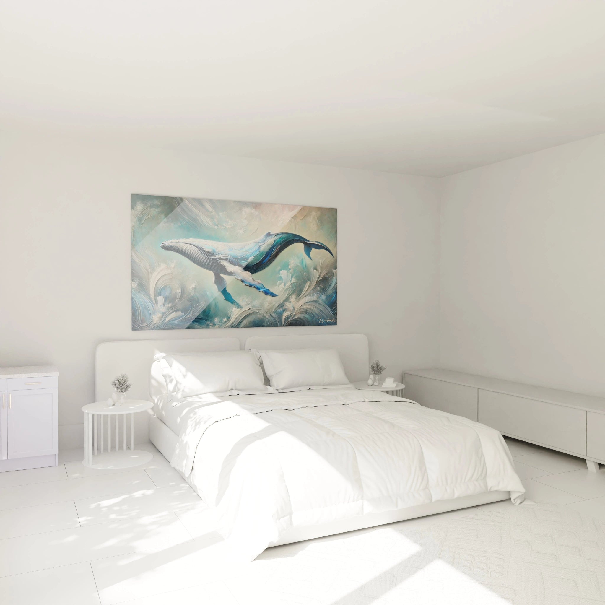 Ajoutez une ambiance oceanique a votre chambre avec ce tableau baleine au-dessus de votre lit. Les nuances de bleu et de blanc evoquent la serenite marine, offrant une touche apaisante et elegante a votre decor.