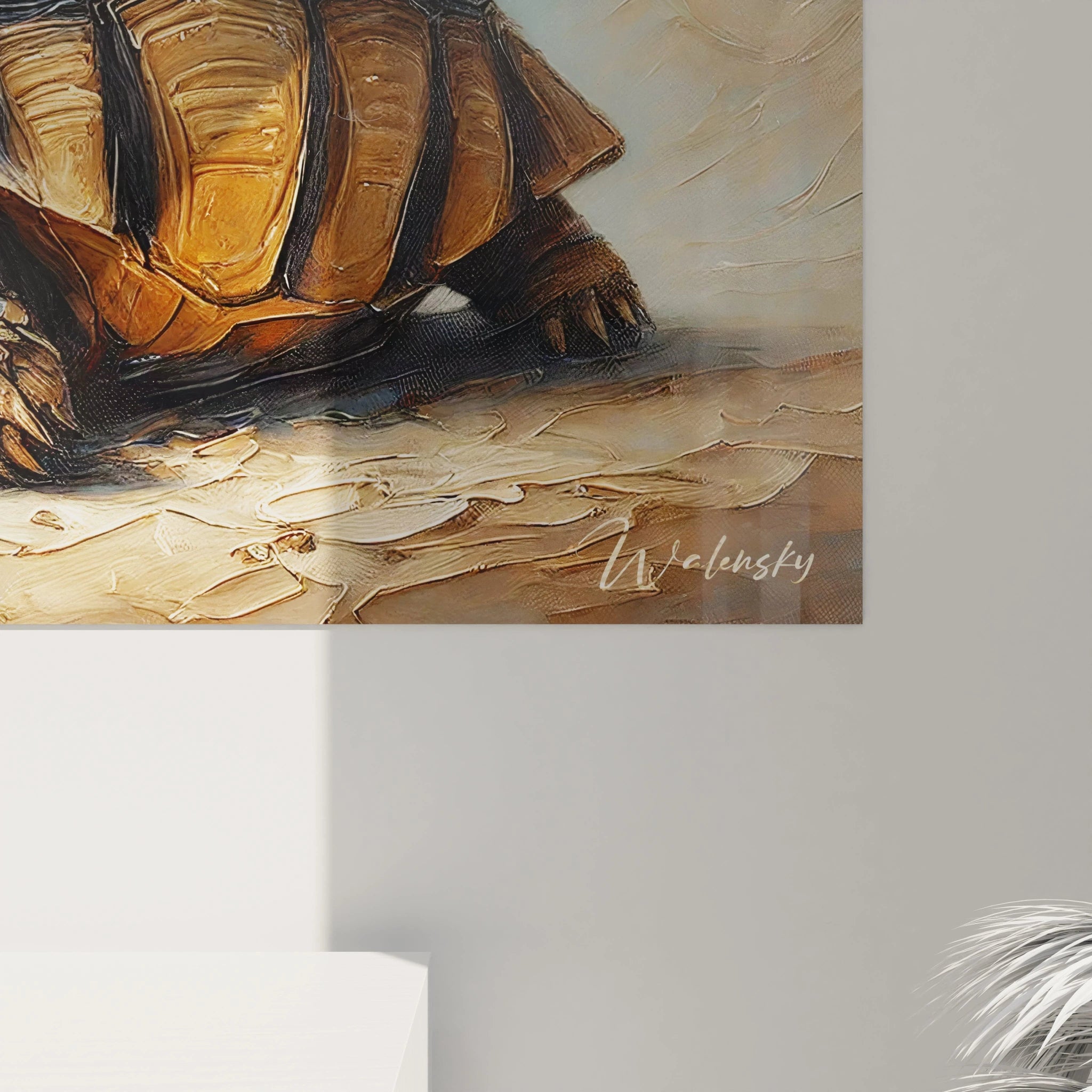 Vue de pres, le tableau tortue terrestre revele des details tridimensionnels fascinants. Les textures contrastent entre la carapace robuste et les papillons delicats, offrant une experience visuelle unique.