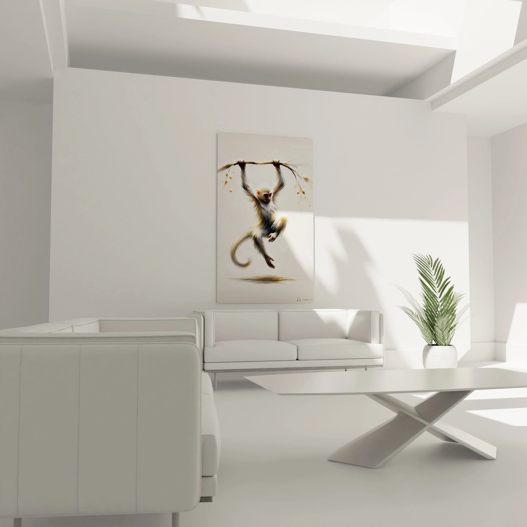 Accroché au mur au-dessus d'un canapé, ce tableau singe ajoute une sophistication unique à votre salon. Une œuvre captivante qui enrichit l'espace avec élégance.