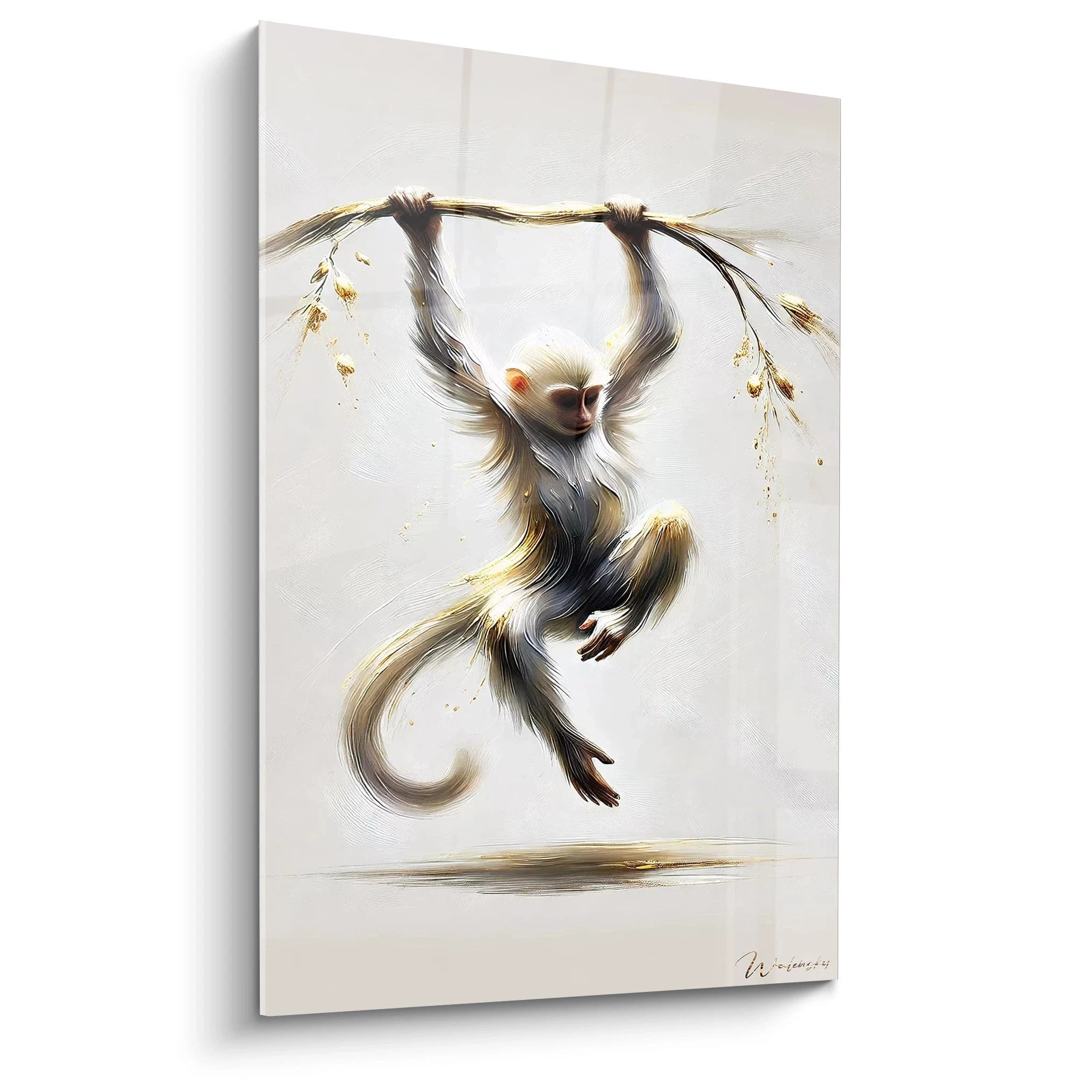 Ce tableau singe présente un jeune singe suspendu à une branche dorée, capturant une scène d'équilibre et de mouvement. Un véritable chef-d'œuvre qui attire l'œil.