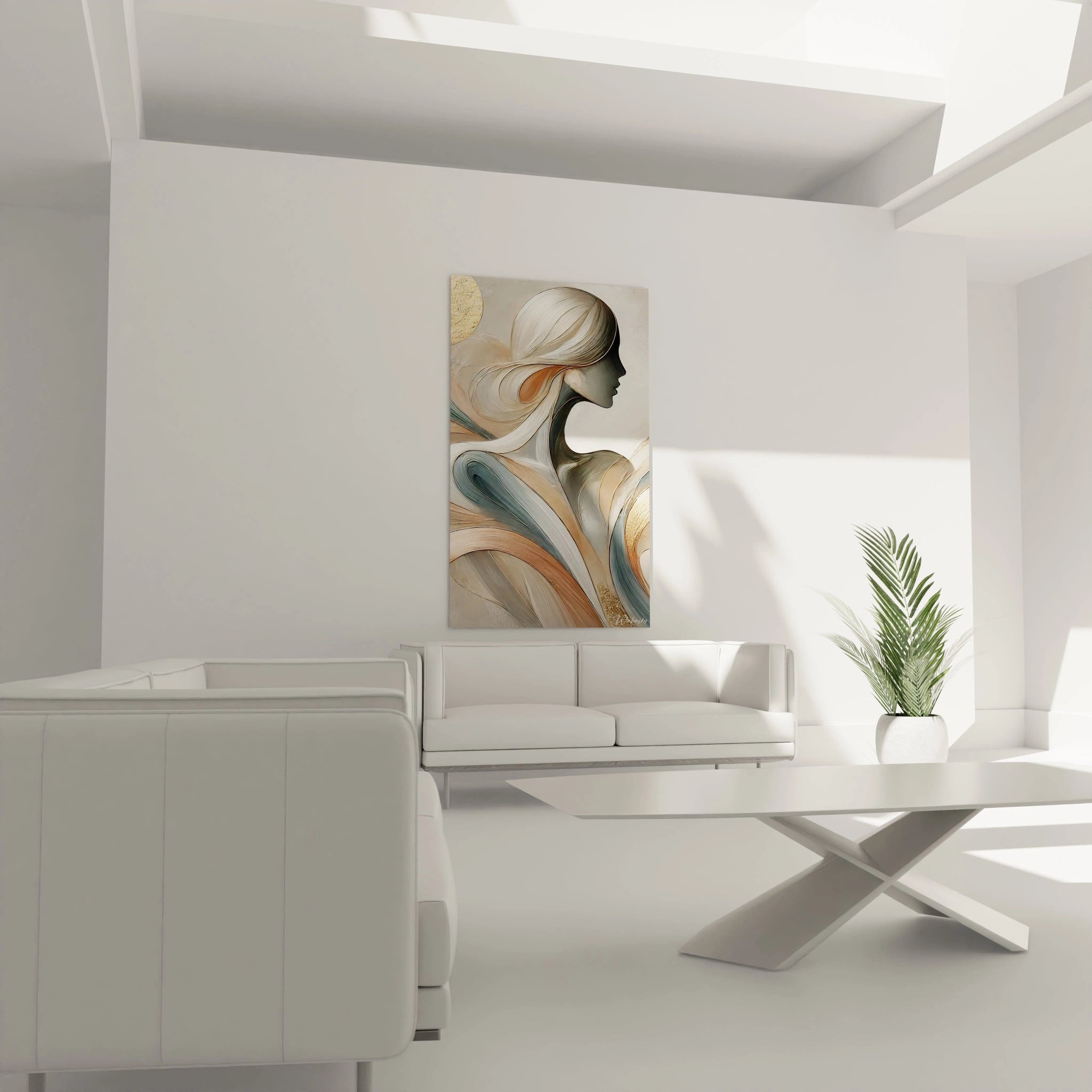 Tableau contemporain affiché au-dessus du canapé. La silhouette féminine aux courbes élégantes et aux nuances beige-gris ajoute une touche artistique et moderne au salon.