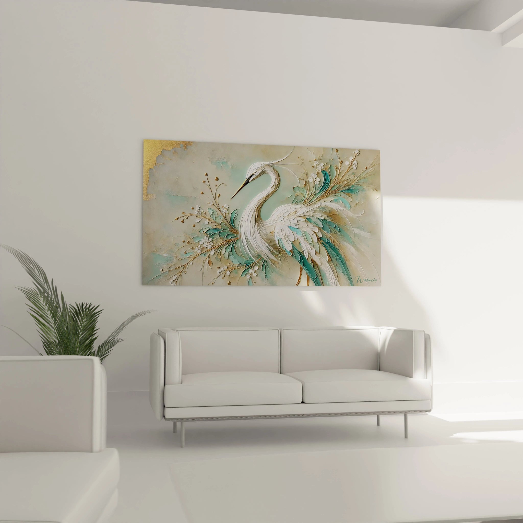 tableau heron au-dessus du canape dans un salon ajoute une touche de raffinement avec ses teintes de blanc et or Ce tableau s intègre harmonieusement dans un decor moderne et élégant