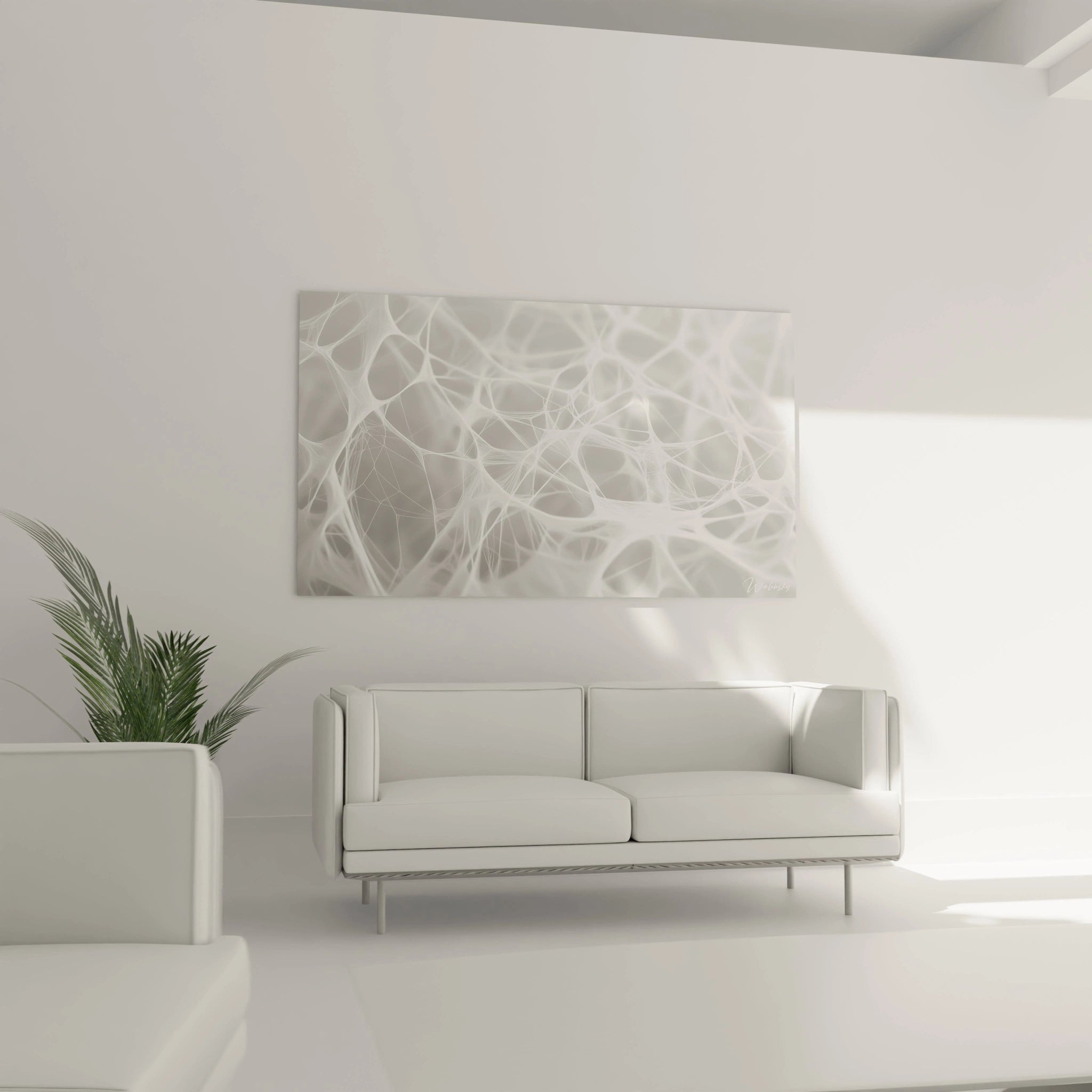 Un tableau texturé abstrait composé de formes interconnectées, en blanc et argent, avec des lignes fines et une texture visuelle translucide.