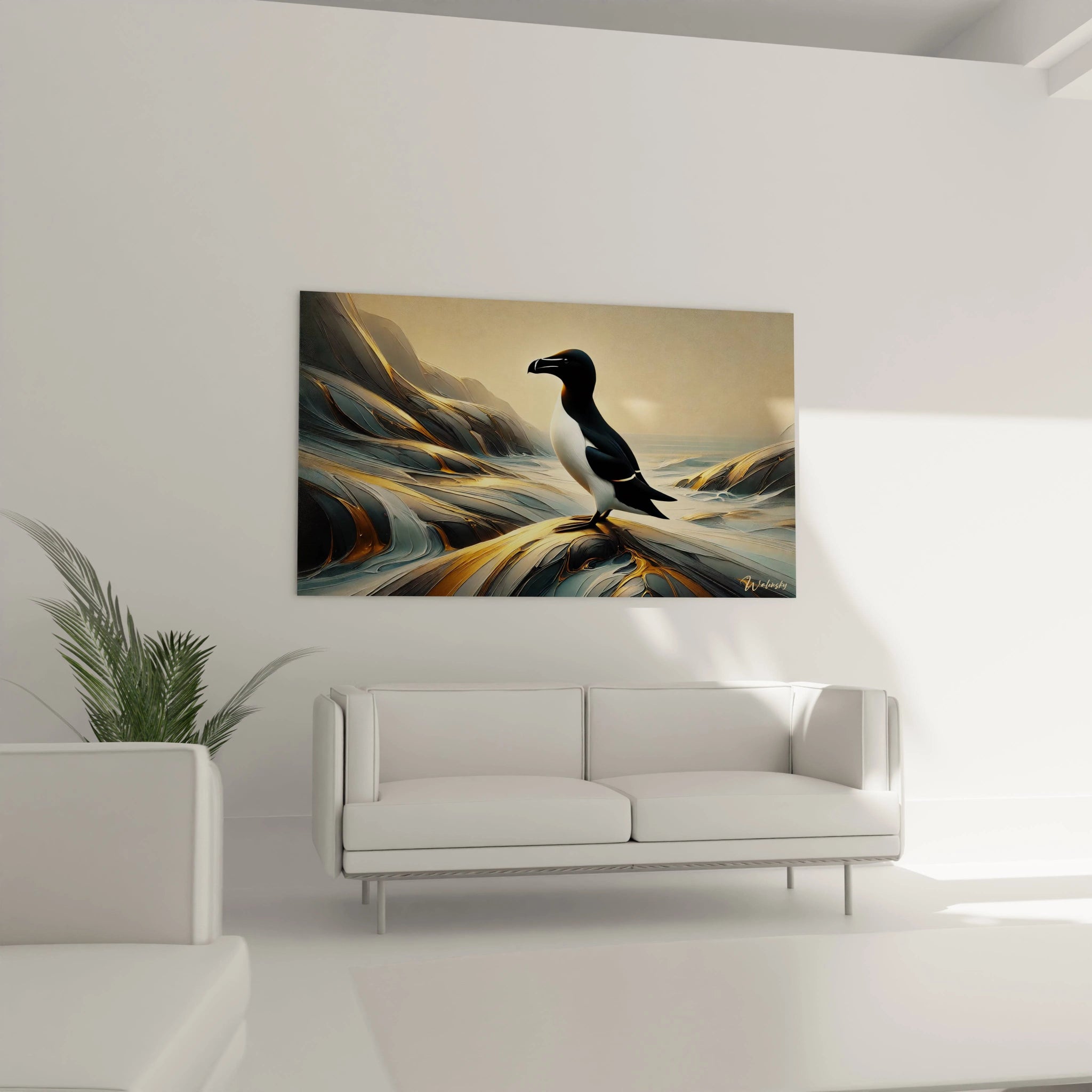 Accroche au-dessus d'un canapé, ce tableau mouette devient la piece centrale du salon. Les couleurs et formes fluides apportent une touche de sophistication contemporaine a la decoration.