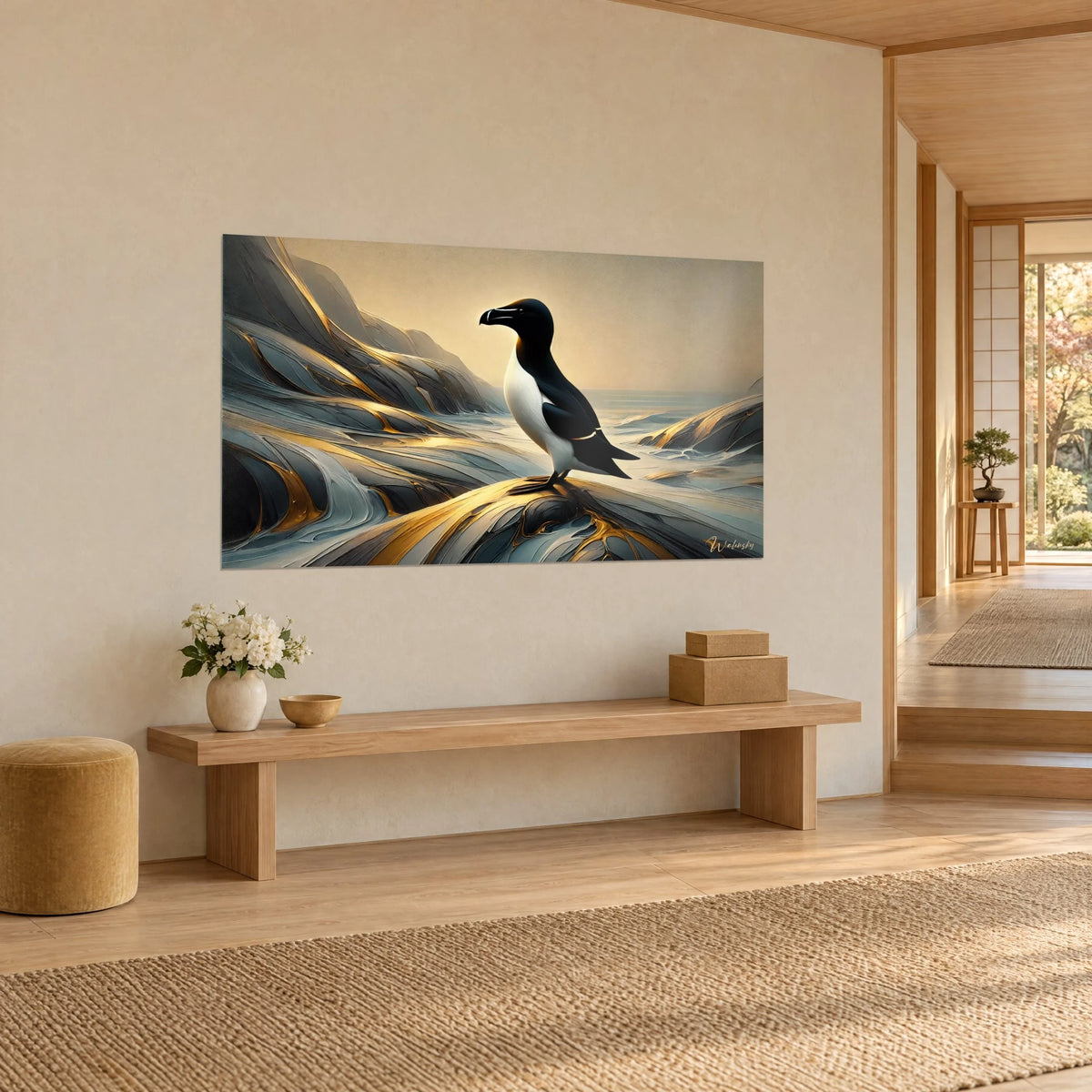 Gemälde eines aufrecht stehenden großen Pinguins mit schwarz-weiß gestreiftem Schnabel, stahlgraue, goldgeäderte Klippen, beige Wand, Bank aus hellem Holz