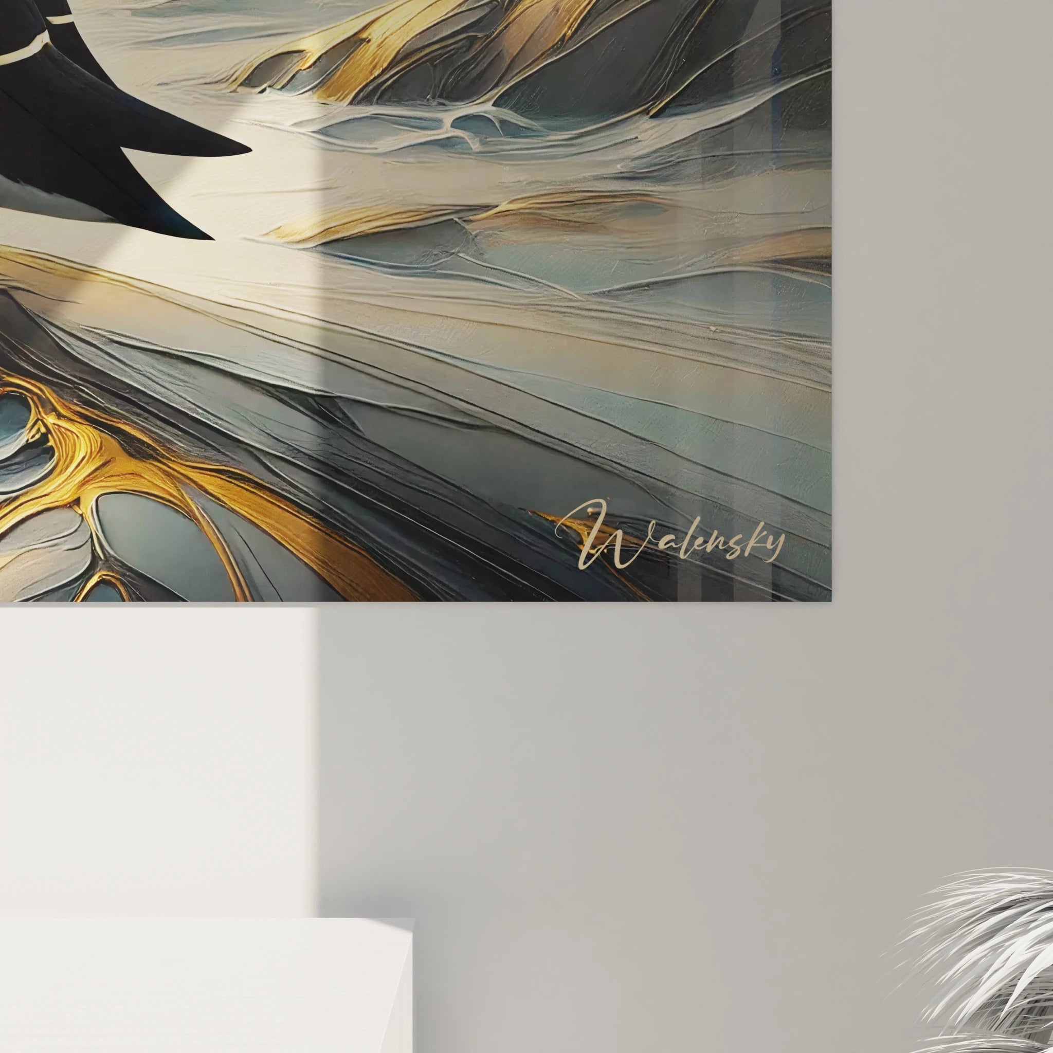 Vue de pres, le tableau mouette revele des details subtils. Les courbes et la lumiere dorée evoquent une ambiance apaisante, capturant la majestueuse solitude de l'oiseau dans son habitat.