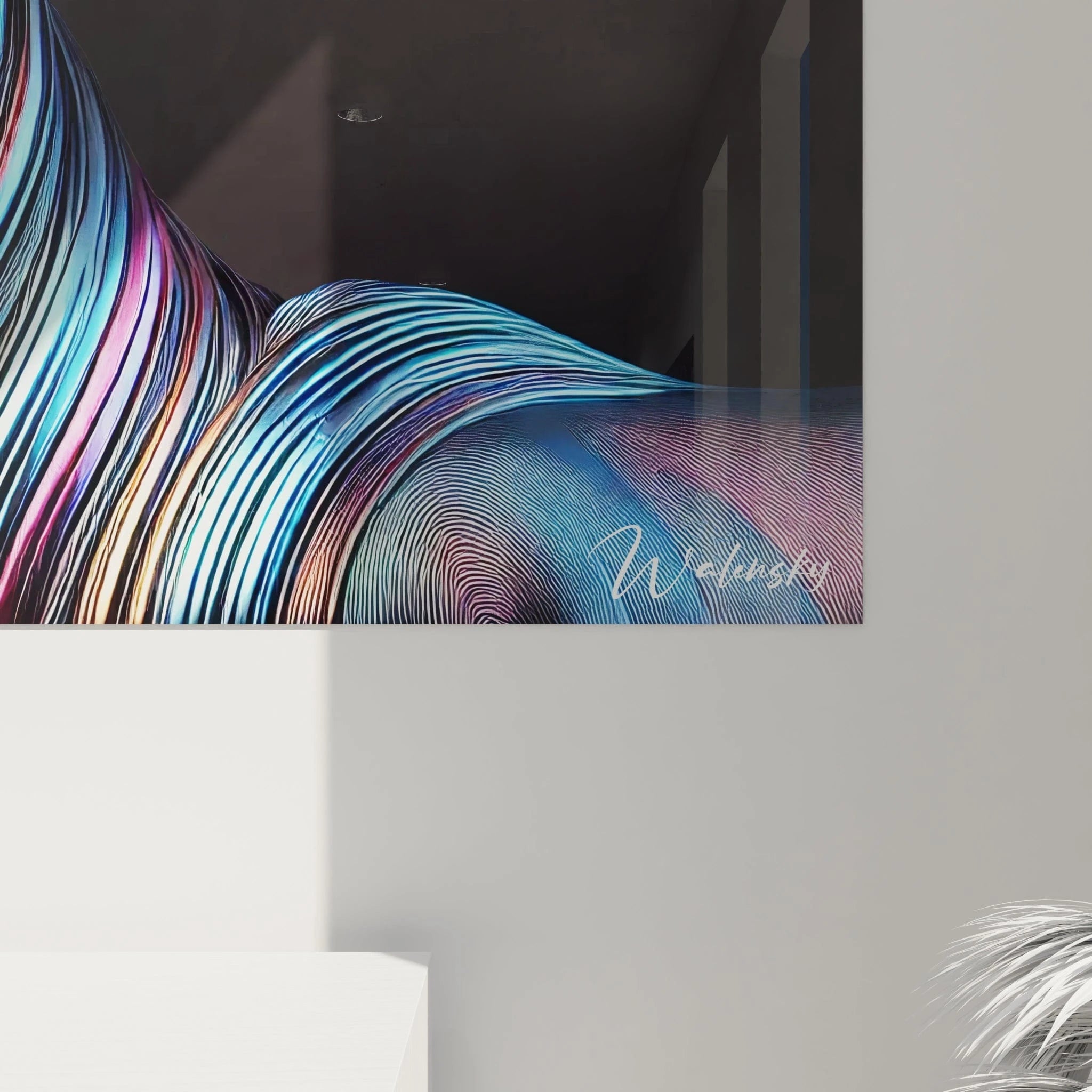 Gros plan sur le tableau cerf aux détails élégants. Les textures fluides et reflets bleu, or rose et violet révèlent la majesté et l’aura mystique de l’œuvre.