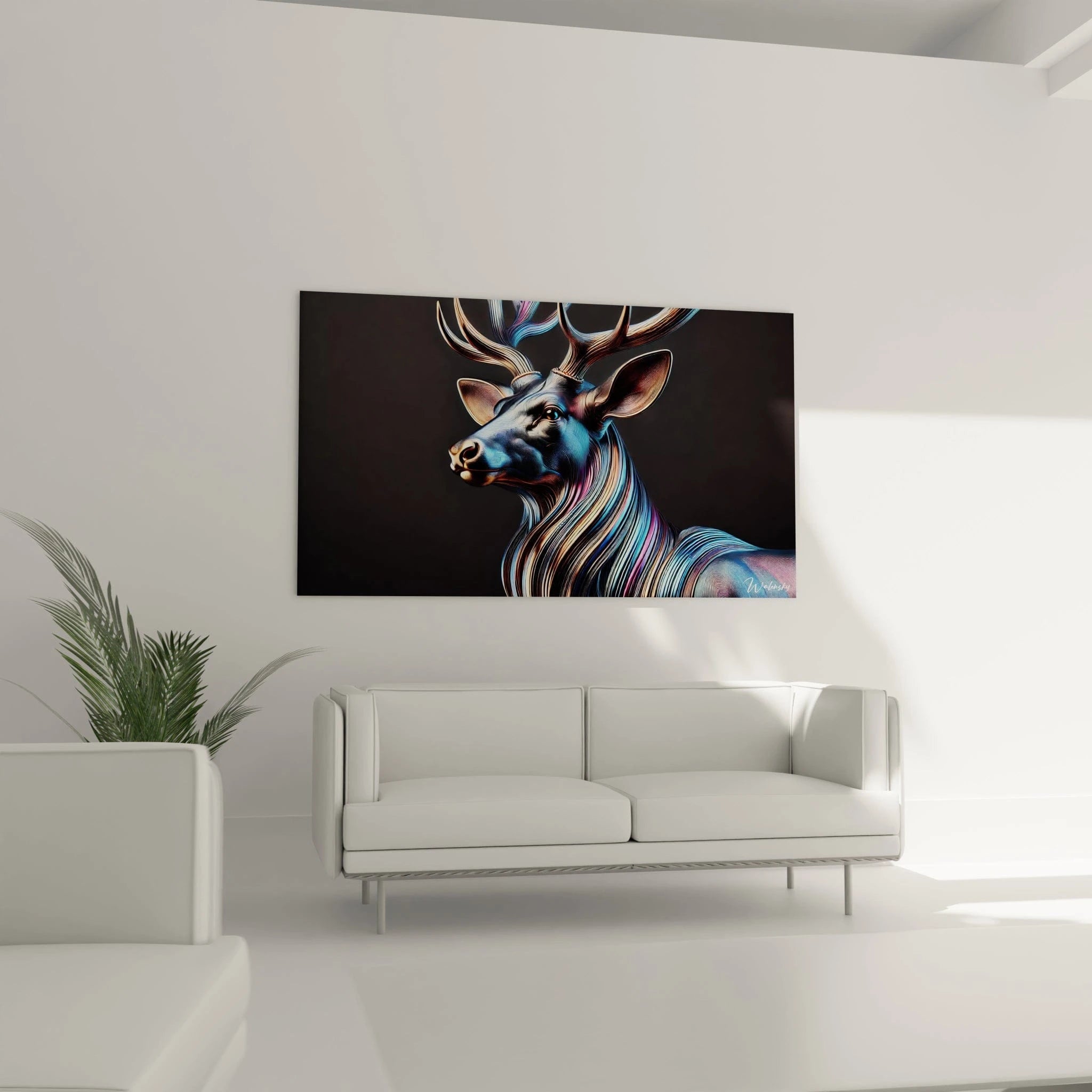Tableau cerf dans un salon contemporain, accroché au-dessus d’un canapé. Ses lignes graphiques et reflets lumineux attirent le regard avec une touche de luxe futuriste.