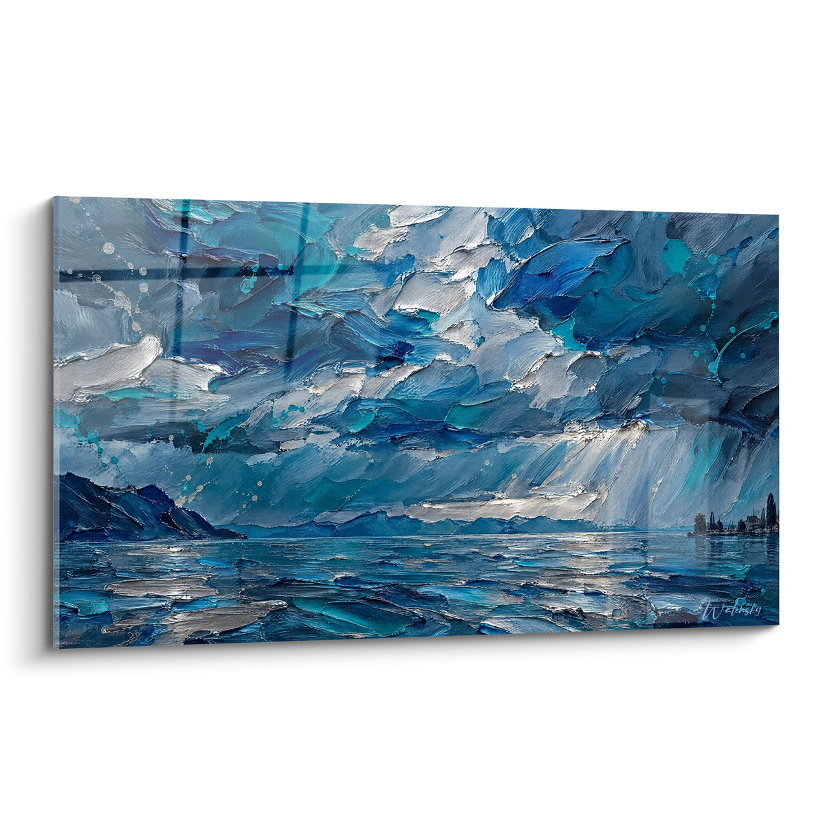 Lac Léman bleu marine et argenté, ciel orageux texturé aux empâtements lumineux sur toile