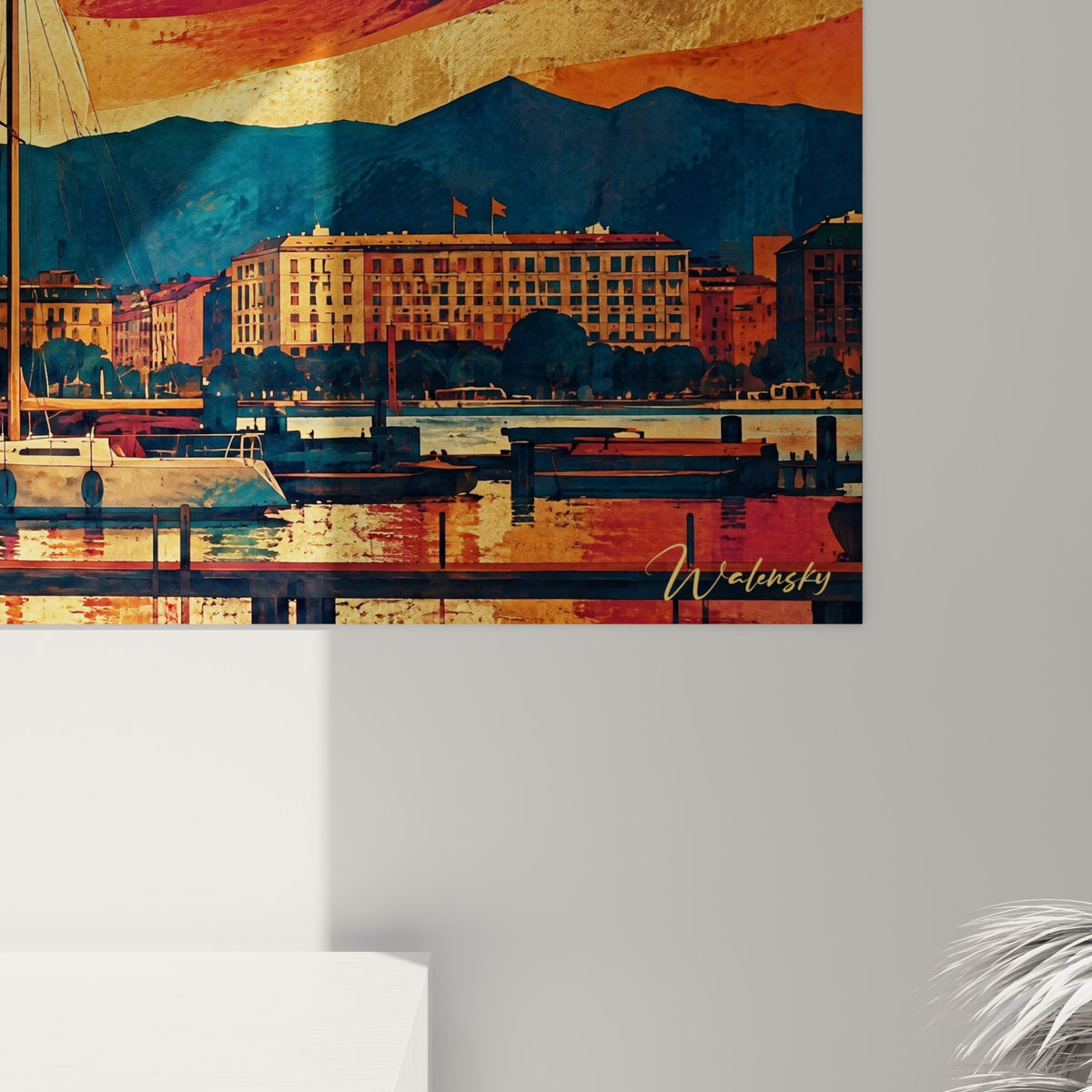 Détail des empâtements du ciel orange et bleu marine, matière picturale dense sur le tableau du port de Genève