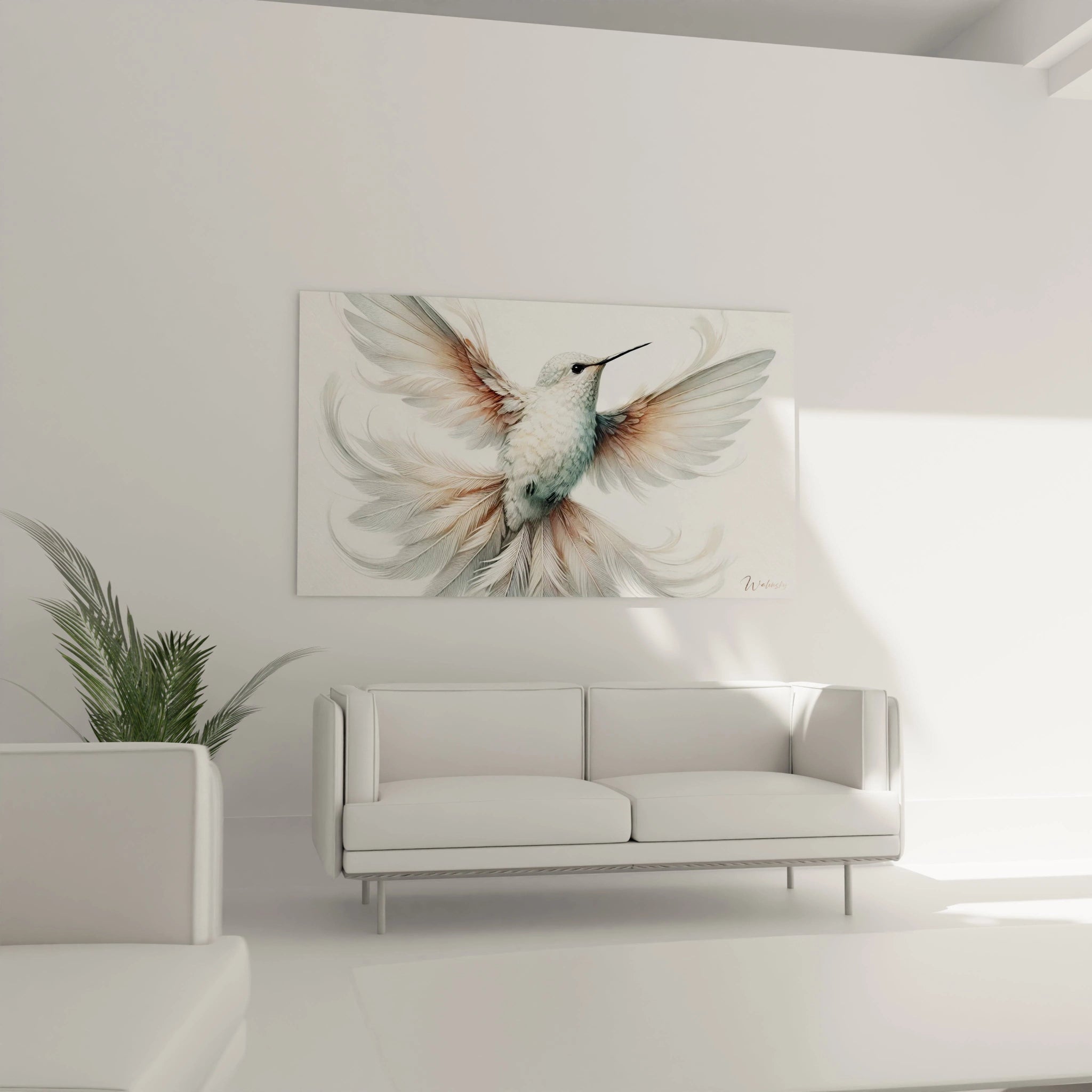 tableau colibri accroché au-dessus d’un canapé dans un salon moderne. Les teintes de beige, blanc et argent créent une ambiance douce et harmonieuse, idéale pour un espace de détente.