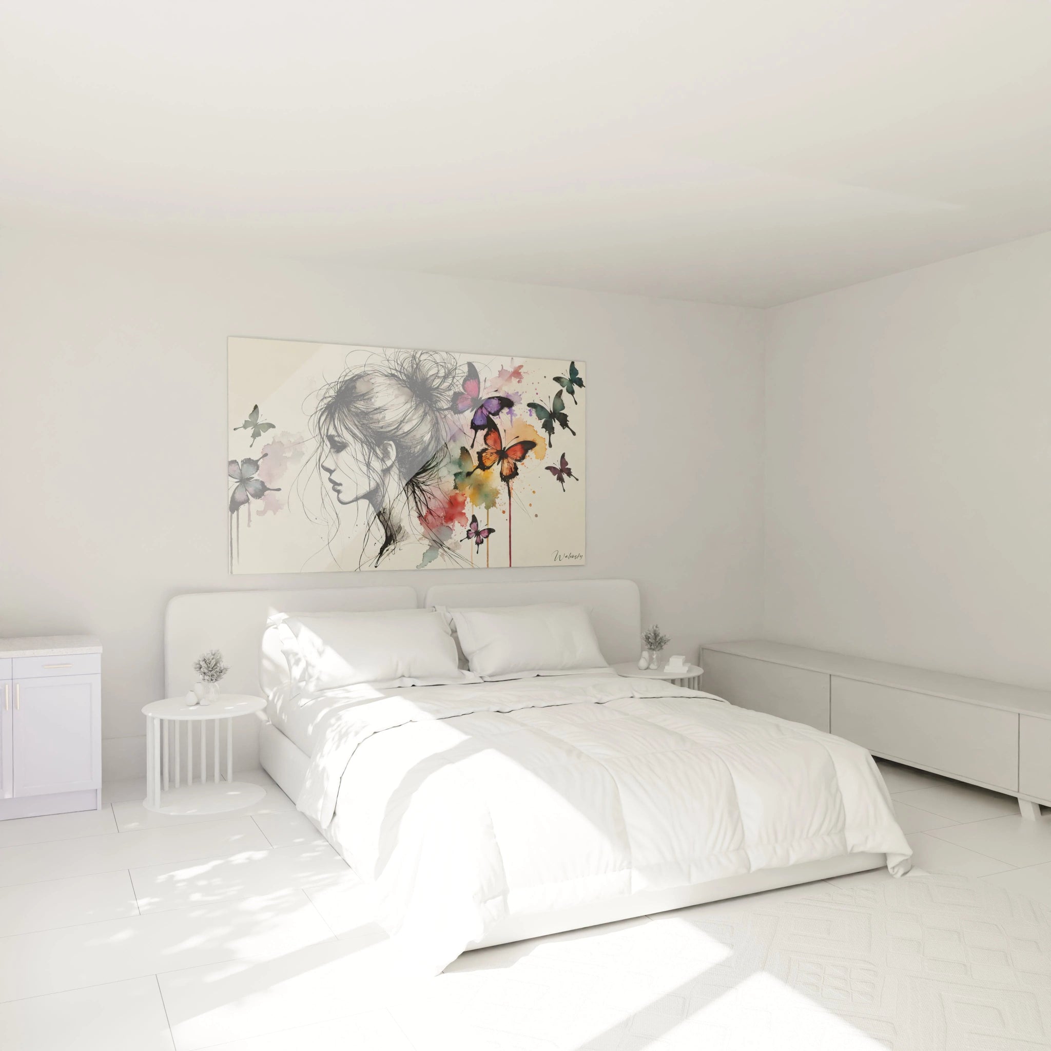 Tableau papillon dans une chambre : ajoutez une touche sauvage et poétique à votre chambre avec ce tableau loup. Accroché au-dessus du lit, il crée une atmosphère harmonieuse et inspirante.