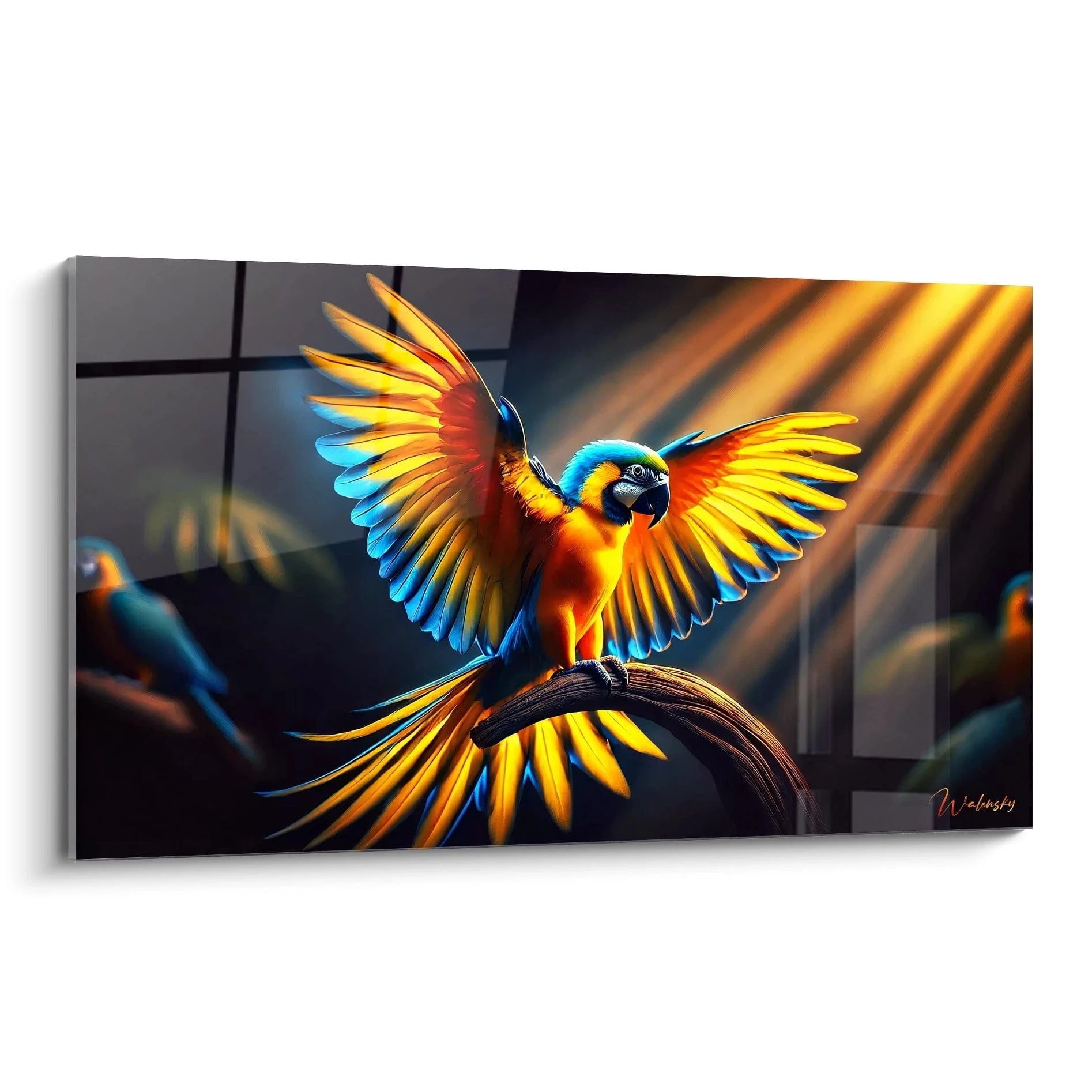 Ce tableau perroquet avec ses couleurs vives de jaune et de bleu est parfait pour ajouter une touche vibrante à votre décoration. Vue de biais, il révèle des détails éclatants et dynamiques.