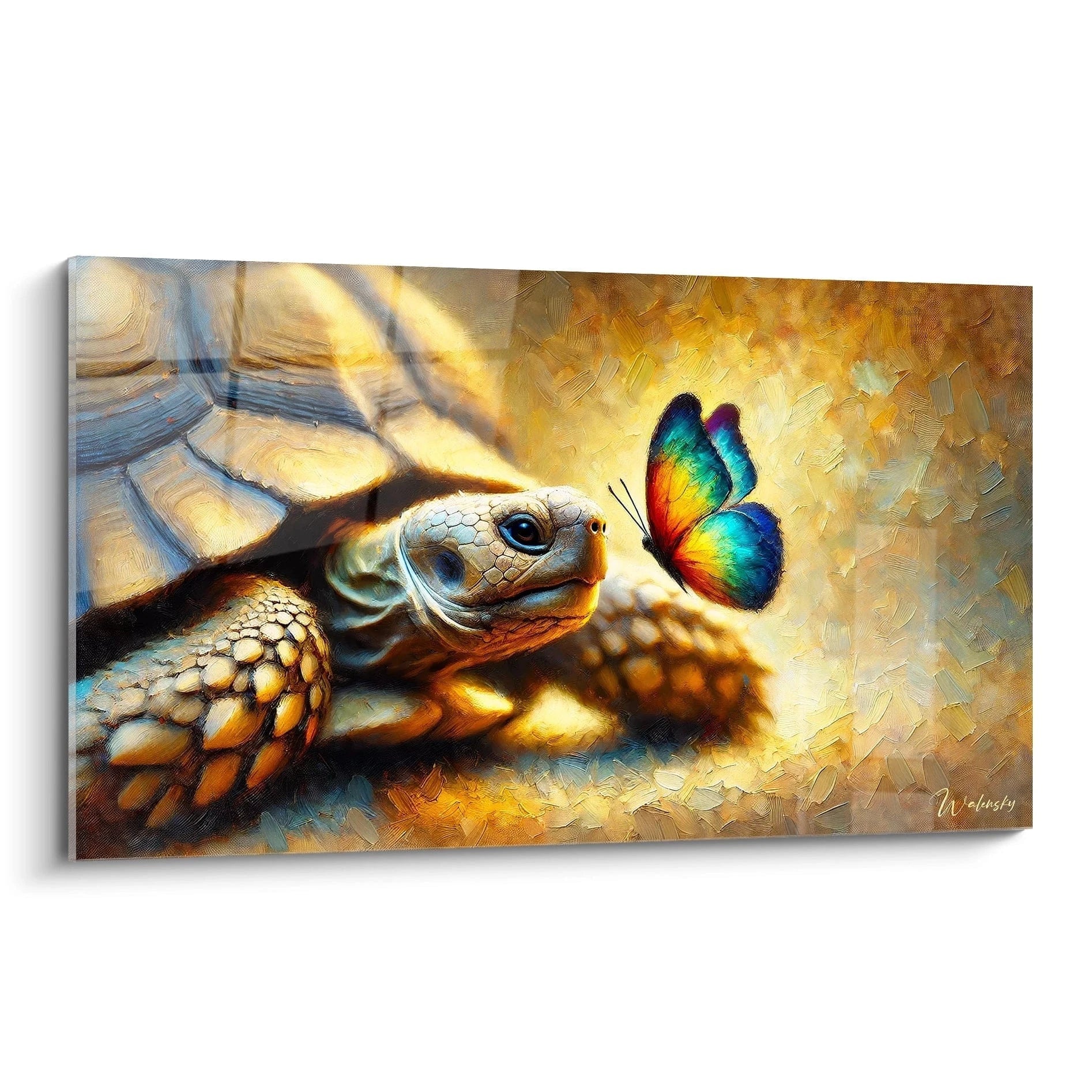 Ce tableau tortue terrestre, vu de biais, dévoile des détails minutieux. La scène apaisante avec un papillon flottant ajoute une touche de sérénité et de beauté naturelle, idéale pour une décoration unique.