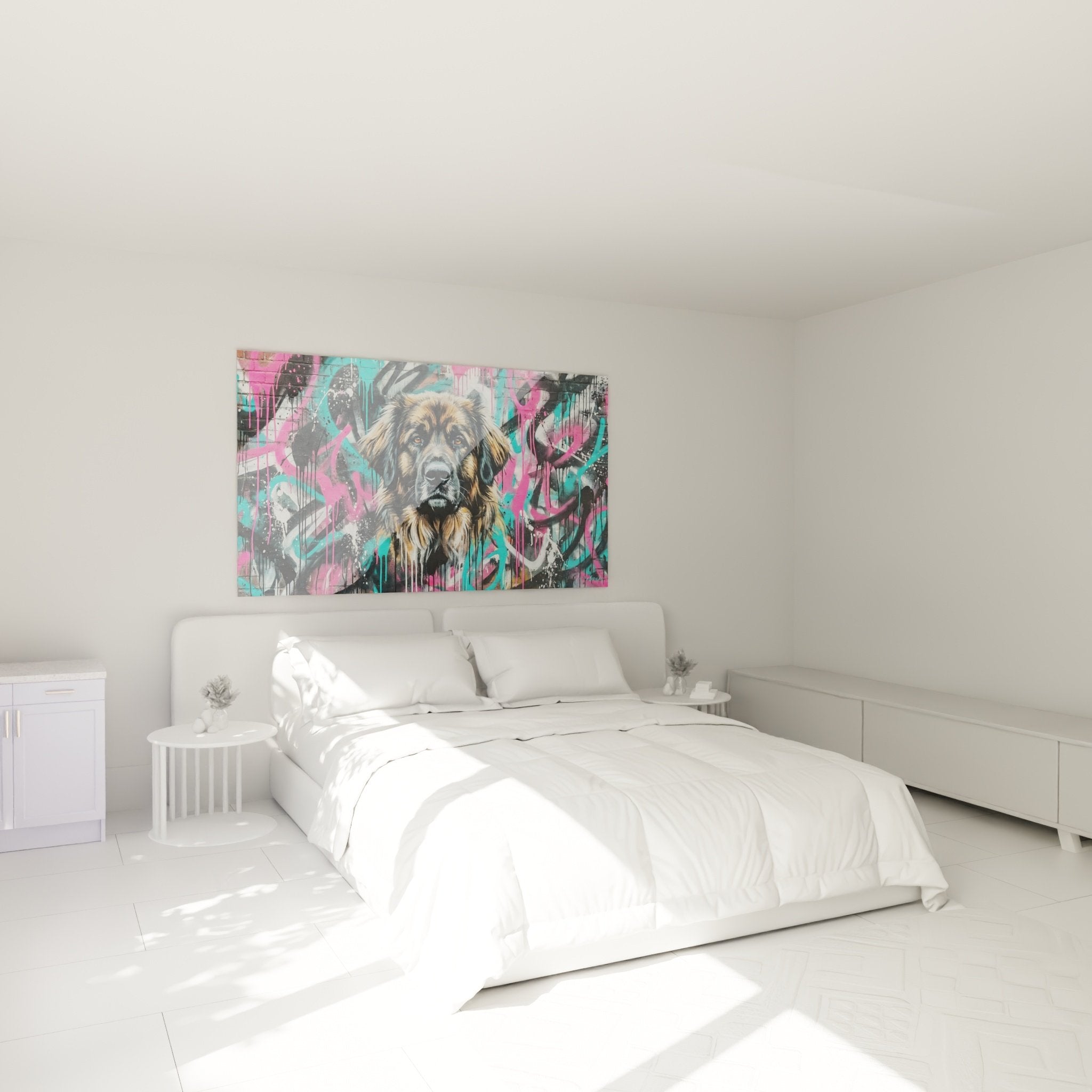 Leonberg street art painting in modern bedroom with graffiti pink turquoise wall decoration