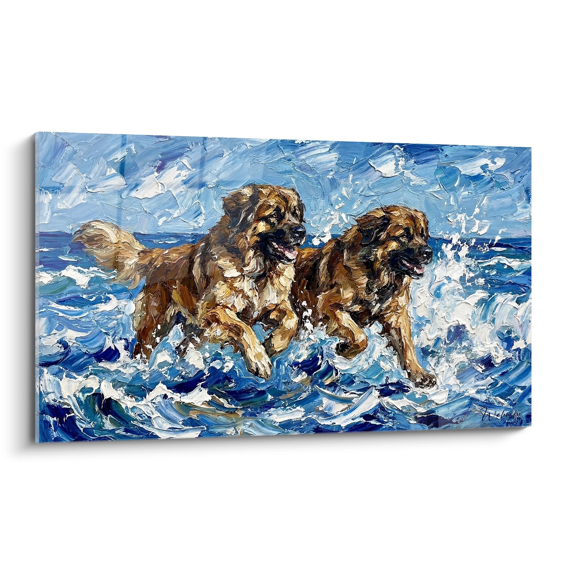 Tableau peinture deux chiens Leonberg nageant vagues bleues océan mouvement éclaboussures art canin