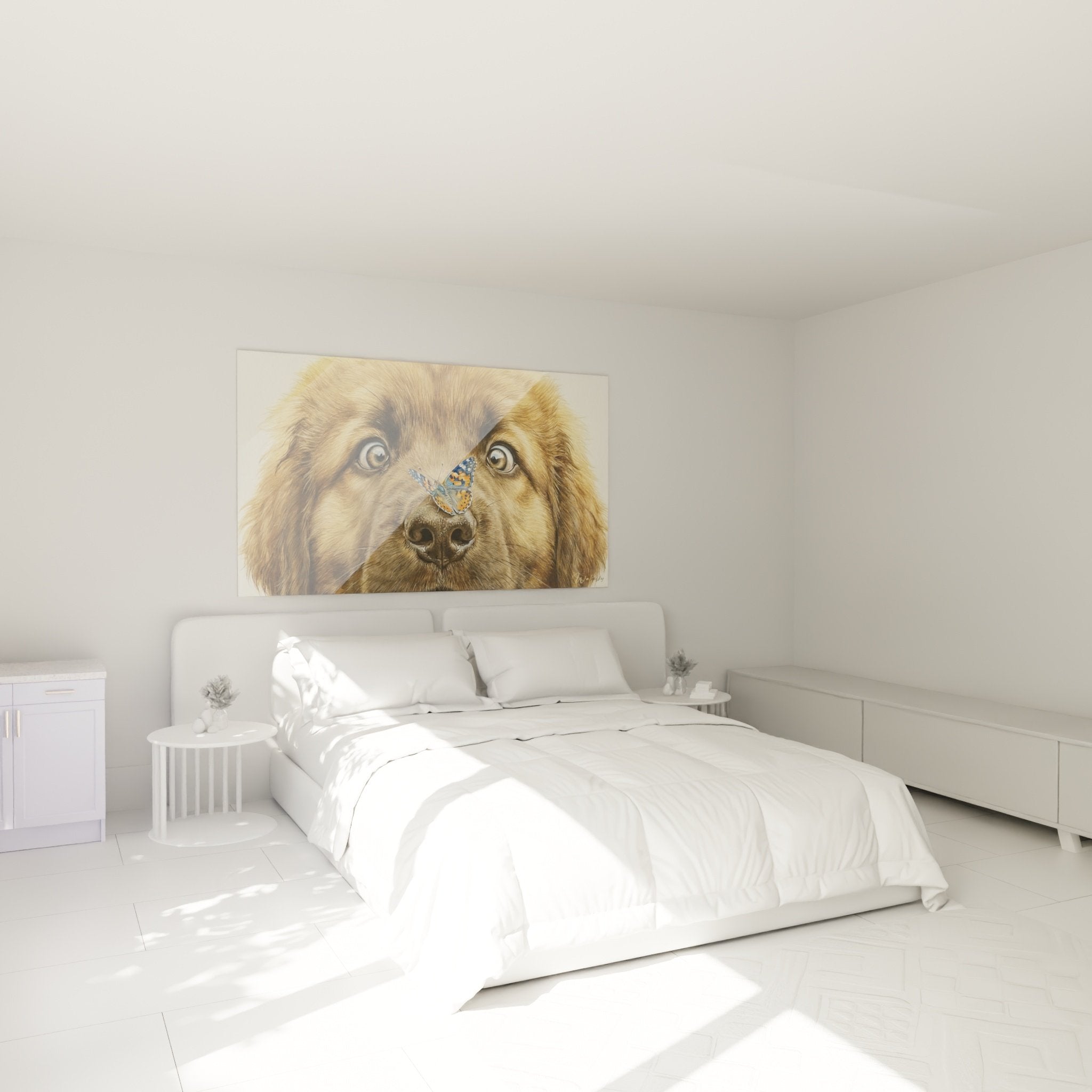 Tableau Leonberg aux yeux expressifs avec papillon dans décoration chambre tons neutres et chaleureux
