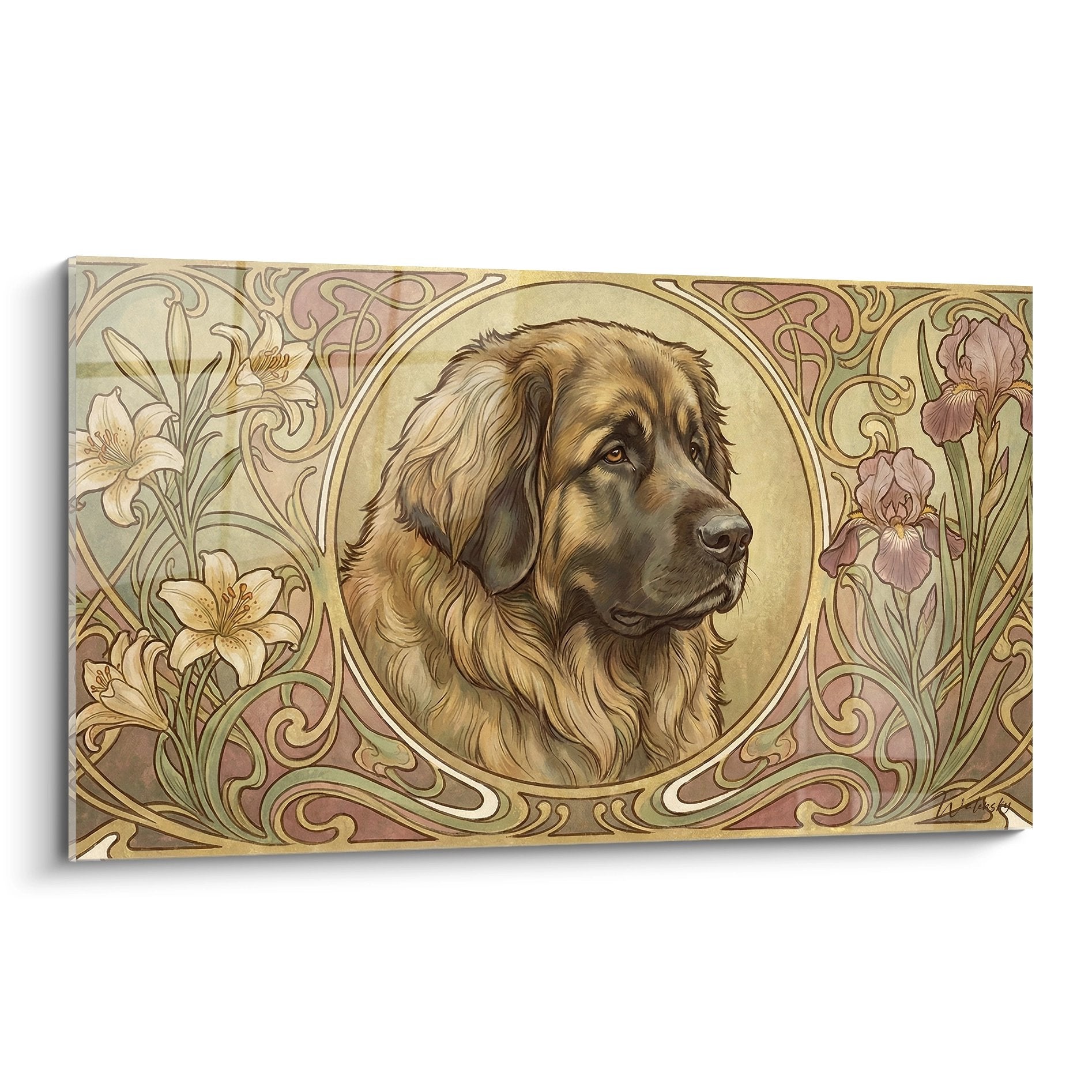 Portrait de Leonberg dans medaillon Art Nouveau aux tons dores avec motifs floraux iris et lys