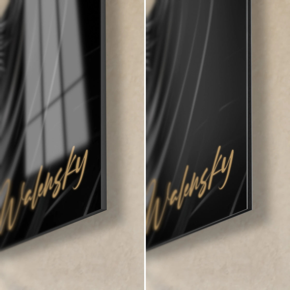 Wall art black and gold feline, bottom right corner: glossy acrylic glass on the left, matte Dibond on the right, gold Walensky signature