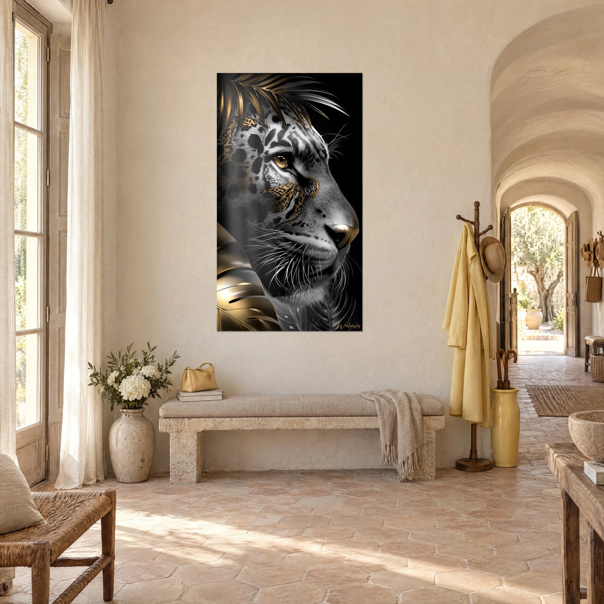 Wall art big cat with a golden muzzle, black spots on an ink background and gold palm, three-quarter view in a vaulted stone corridor