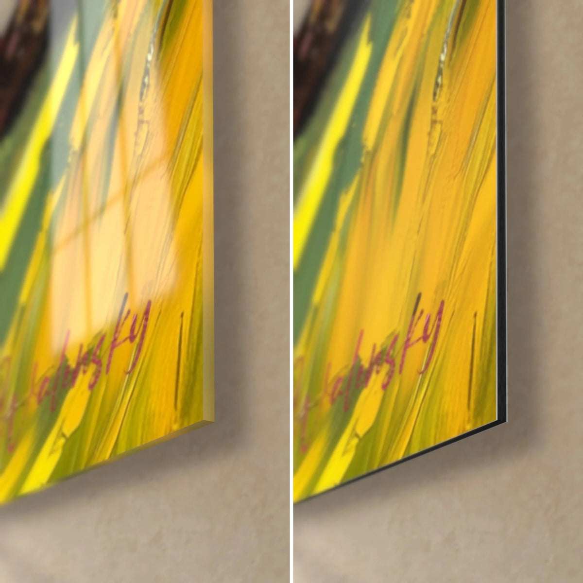 Tableau félin tacheté en peinture épaisse, coin bas droit : signature orange, verre acrylique brillant et alu Dibond mat noir