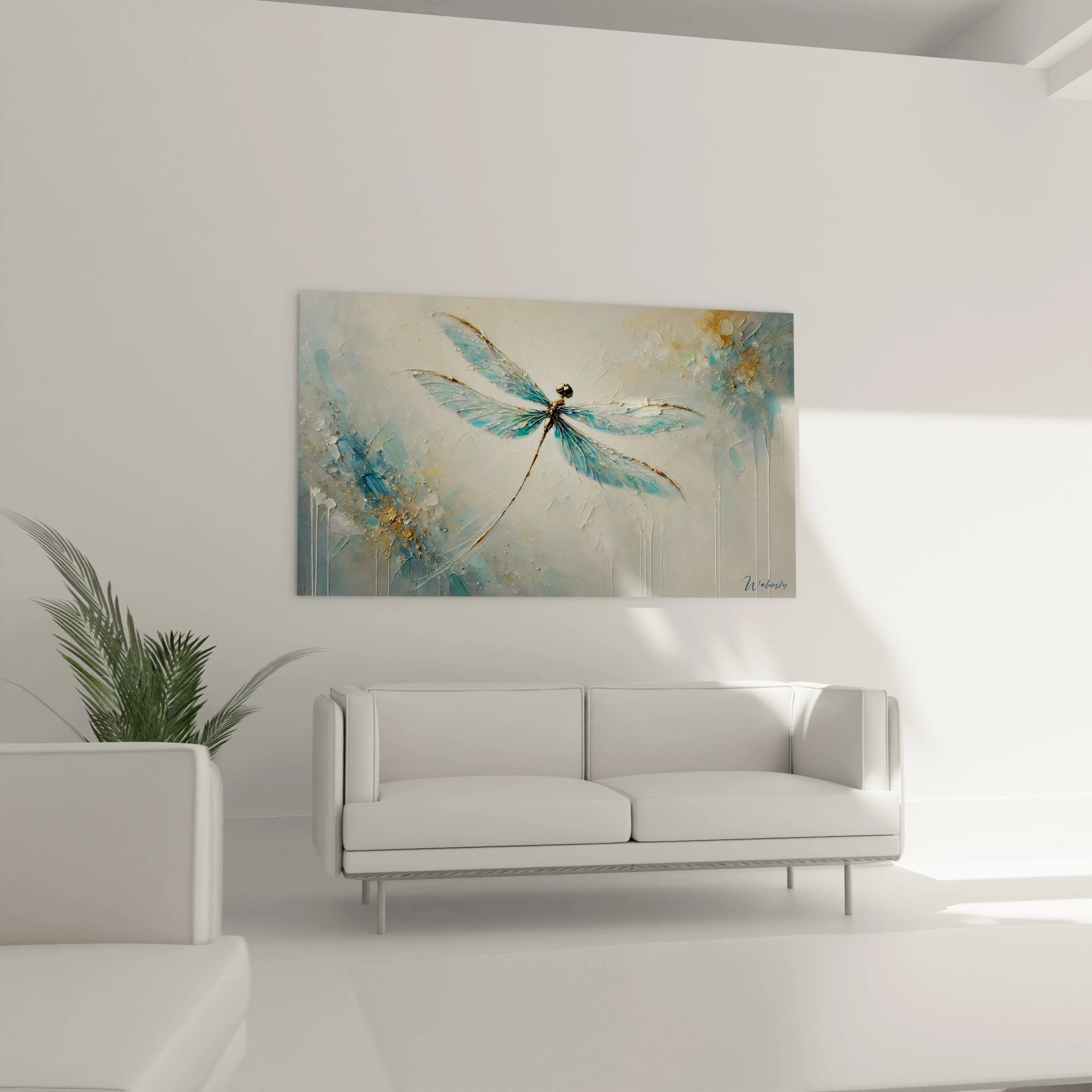 tableau insecte au-dessus du canape dans le salon ajoute une touche d'elegance contemporaine la libellule semble danser dans l'espace ses ailes translucides et les details realistes captivent l'attention