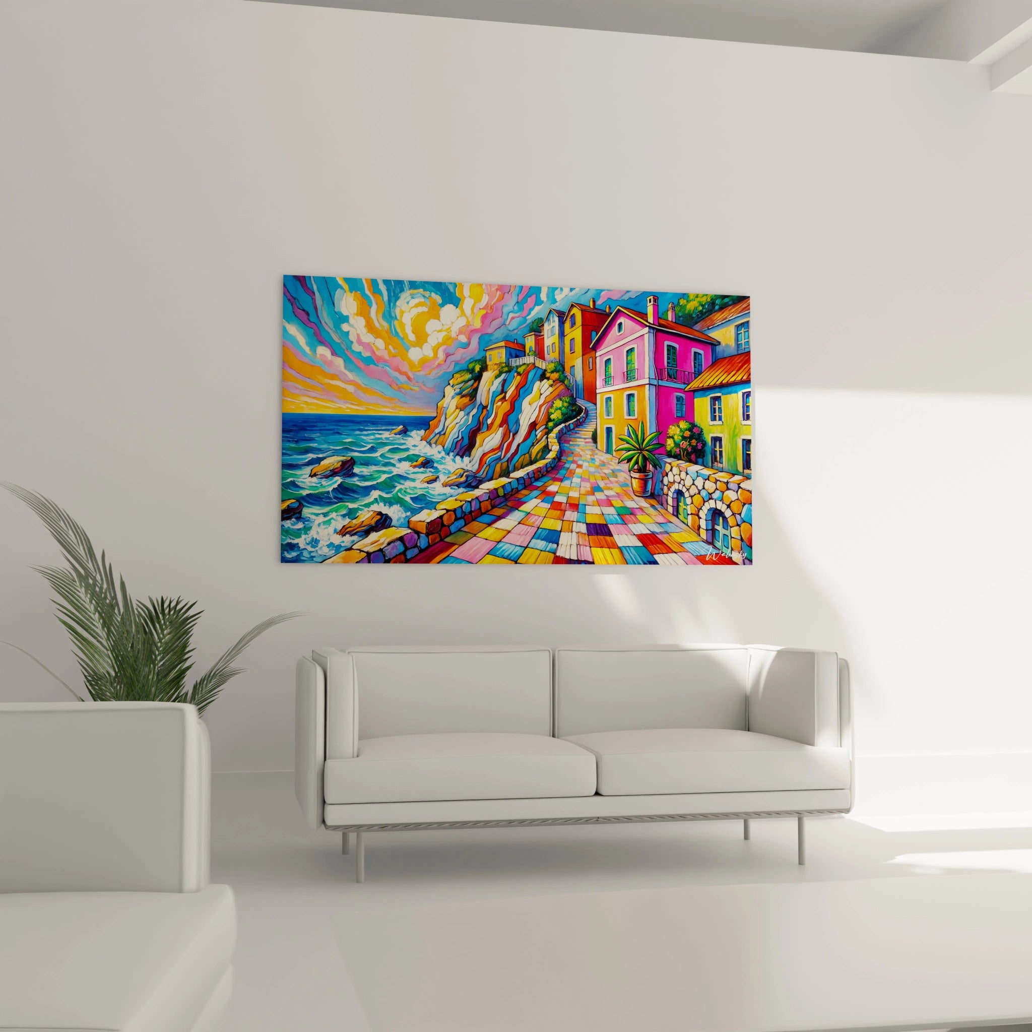 Une composition abstraite centrée sur un village en bord de mer, avec des teintes dominantes de bleu, orange et rose, et des détails texturés sur les rochers et les vagues.