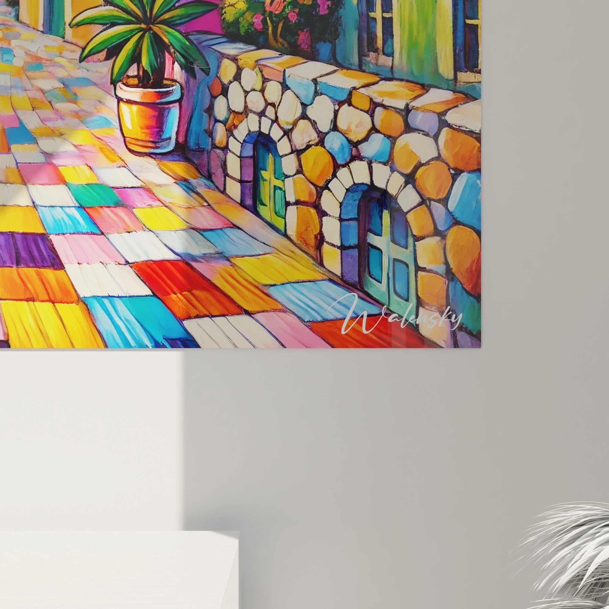 Un tableau fauvisme abstrait montrant une vue côtière avec un chemin en pavés colorés, des strates rocheuses texturées, et un ciel vibrant dans des tons orange, rose et bleu.