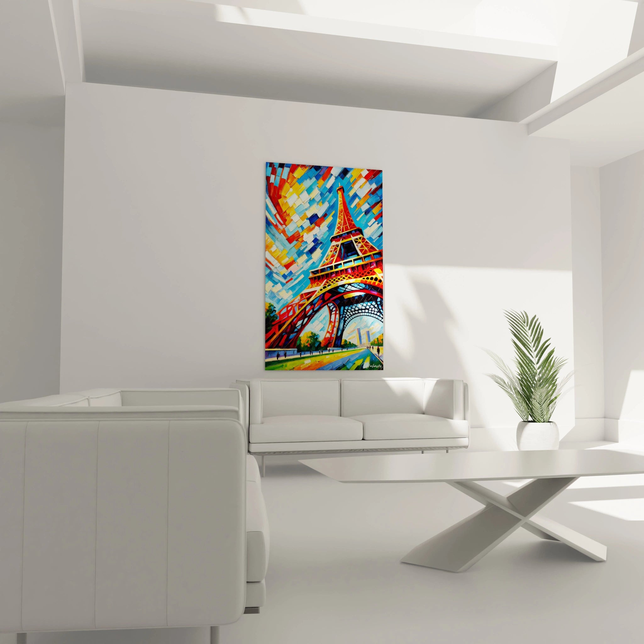 Un tableau fauvisme abstrait montrant des formes géométriques colorées et une structure centrale, avec des éclats de rouge vif, de bleu intense et de jaune lumineux.