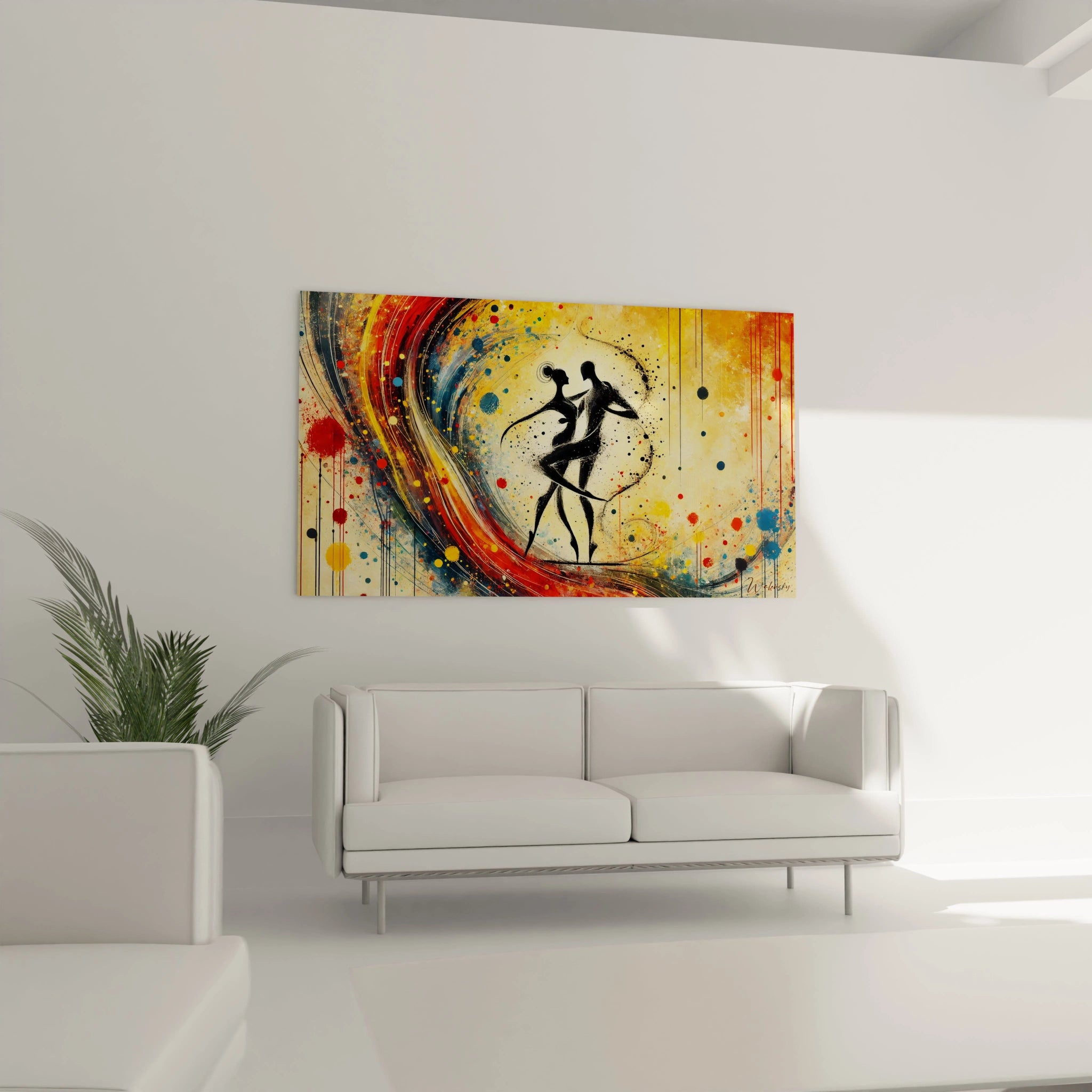 Tableau romantique accroché au-dessus d'un canapé dans un salon : une célébration vibrante de la danse et de l'émotion. Offrez à votre intérieur une touche artistique et pleine de vie.