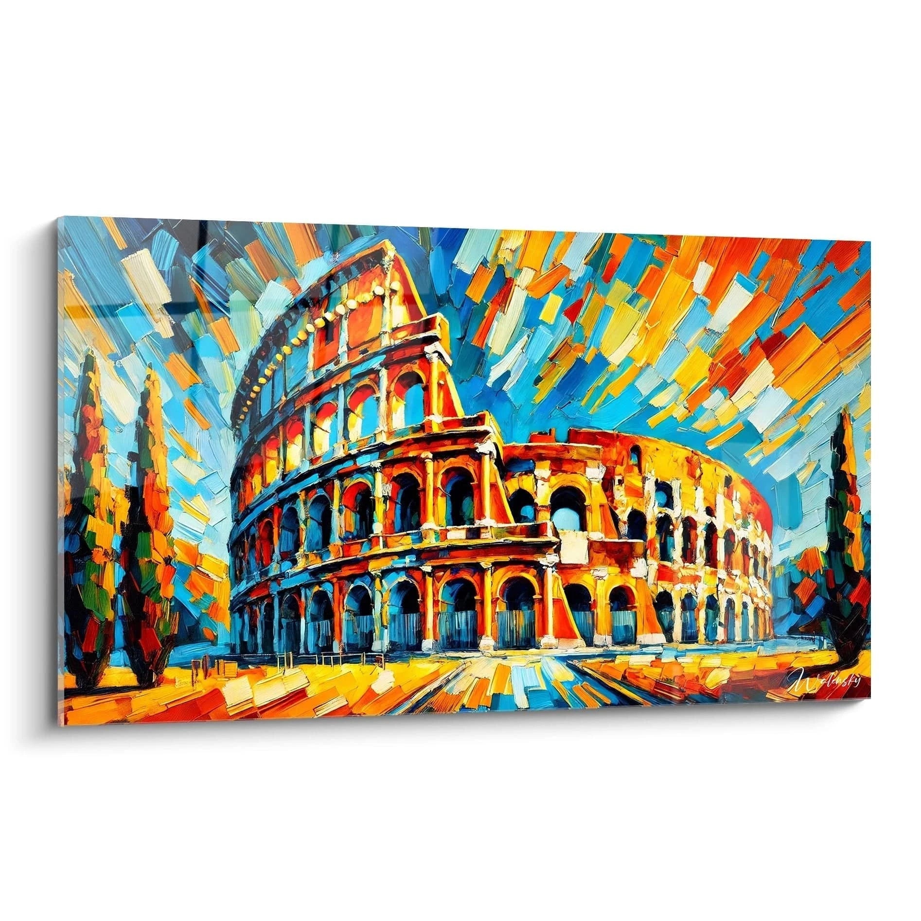 Un tableau fauvisme abstrait représentant le Colisée, avec des teintes orange, jaune et bleu vif, des textures superposées et des lignes angulaires éclatées.