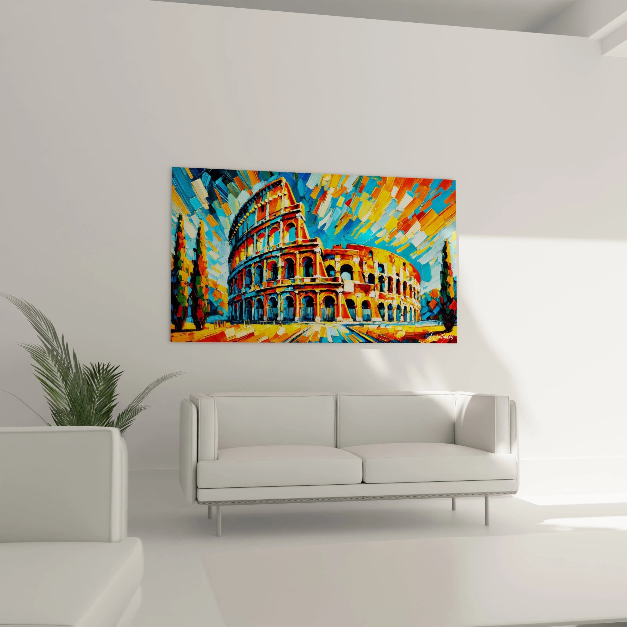 Un tableau fauvisme abstrait montrant le Colisée, avec des couleurs principales jaune, bleu et vert, des coups de pinceau visibles et des formes géométriques imbriquées.