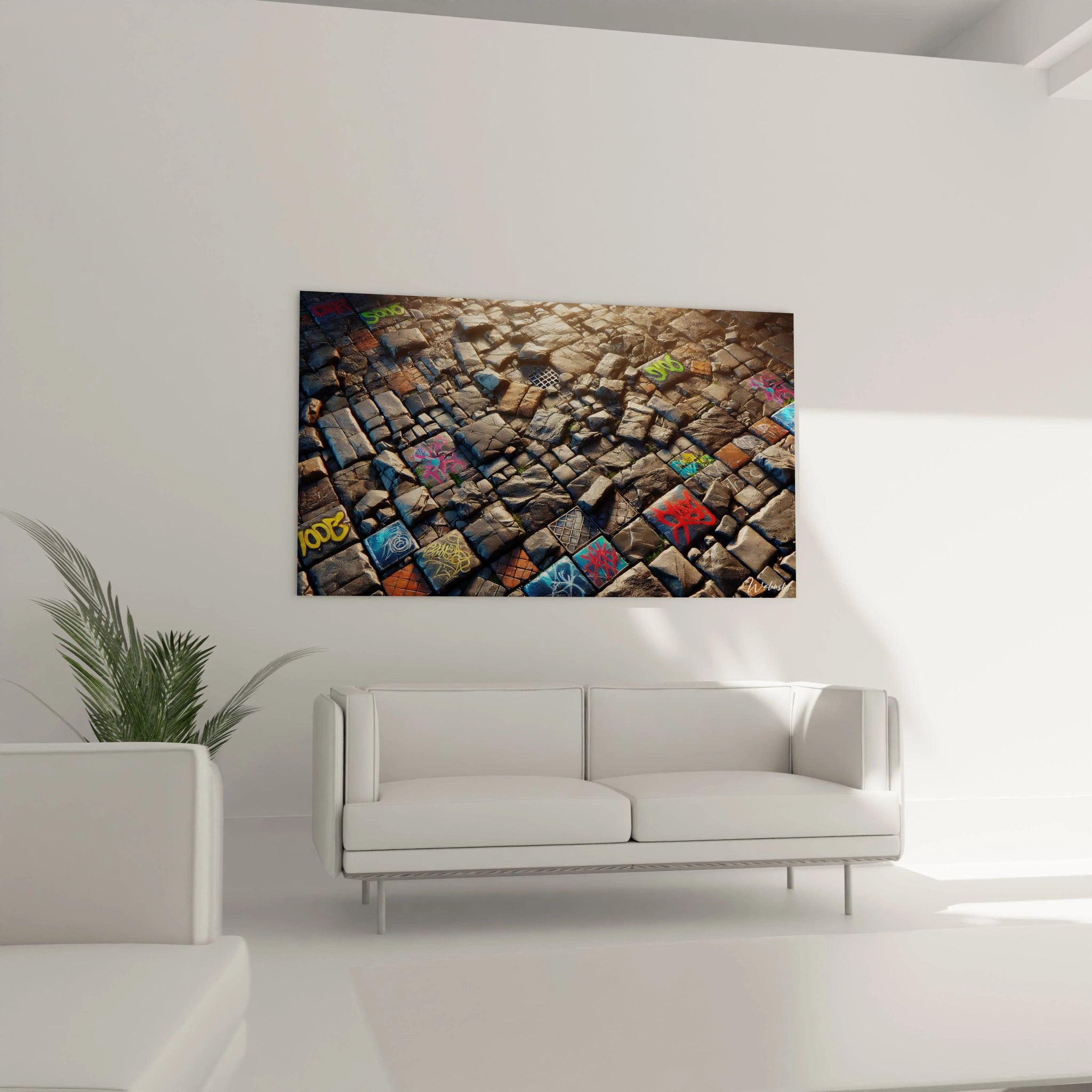Ce tableau Mosaïque accroché dans le salon, au-dessus du canapé, devient un point focal puissant, mêlant tradition et modernité dans un style urbain unique.