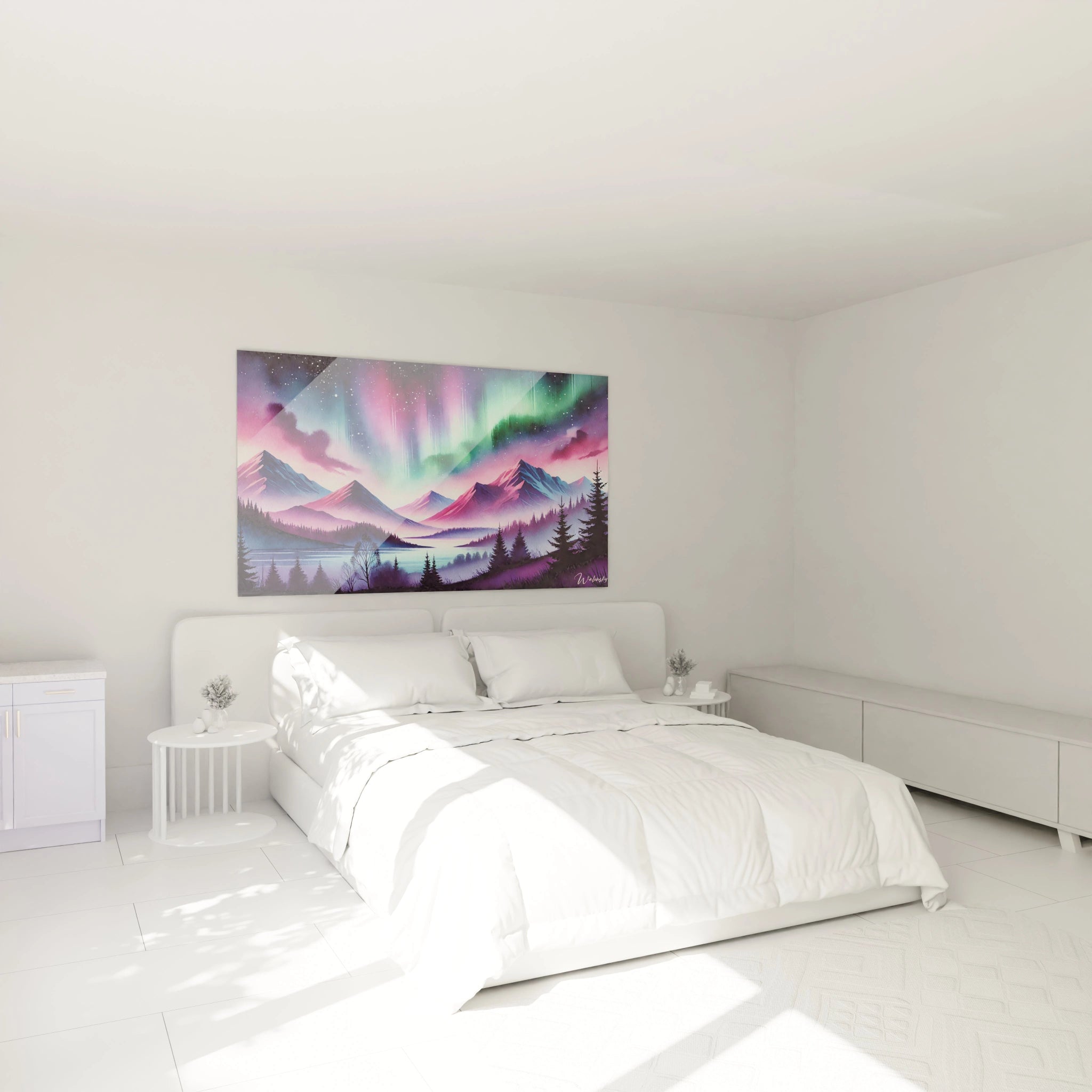 Transformez votre chambre avec ce tableau Aurore Boreale, accroche au mur au dessus du lit. Il cree une ambiance apaisante et onirique, propice a la detente et a la contemplation.