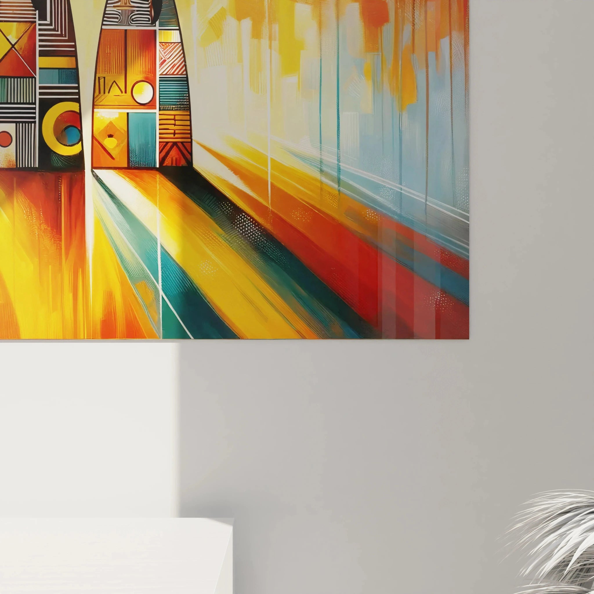 Vue rapprochée du tableau africain, où l’on distingue les détails des robes géométriques et les cercles lumineux, symboles du soleil africain et de l’unité culturelle.