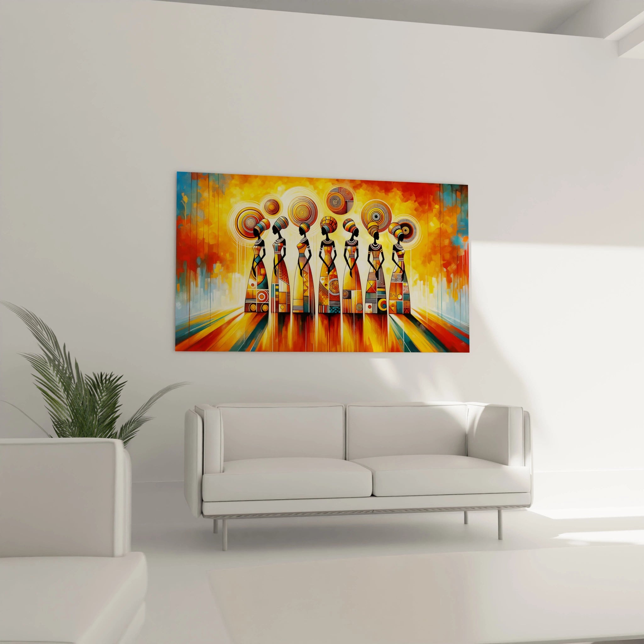 Le tableau africain sur le mur du salon, au-dessus du canapé, attire tous les regards avec ses teintes solaires et ses motifs géométriques. Un élément central de la pièce, vibrant et plein de vie.