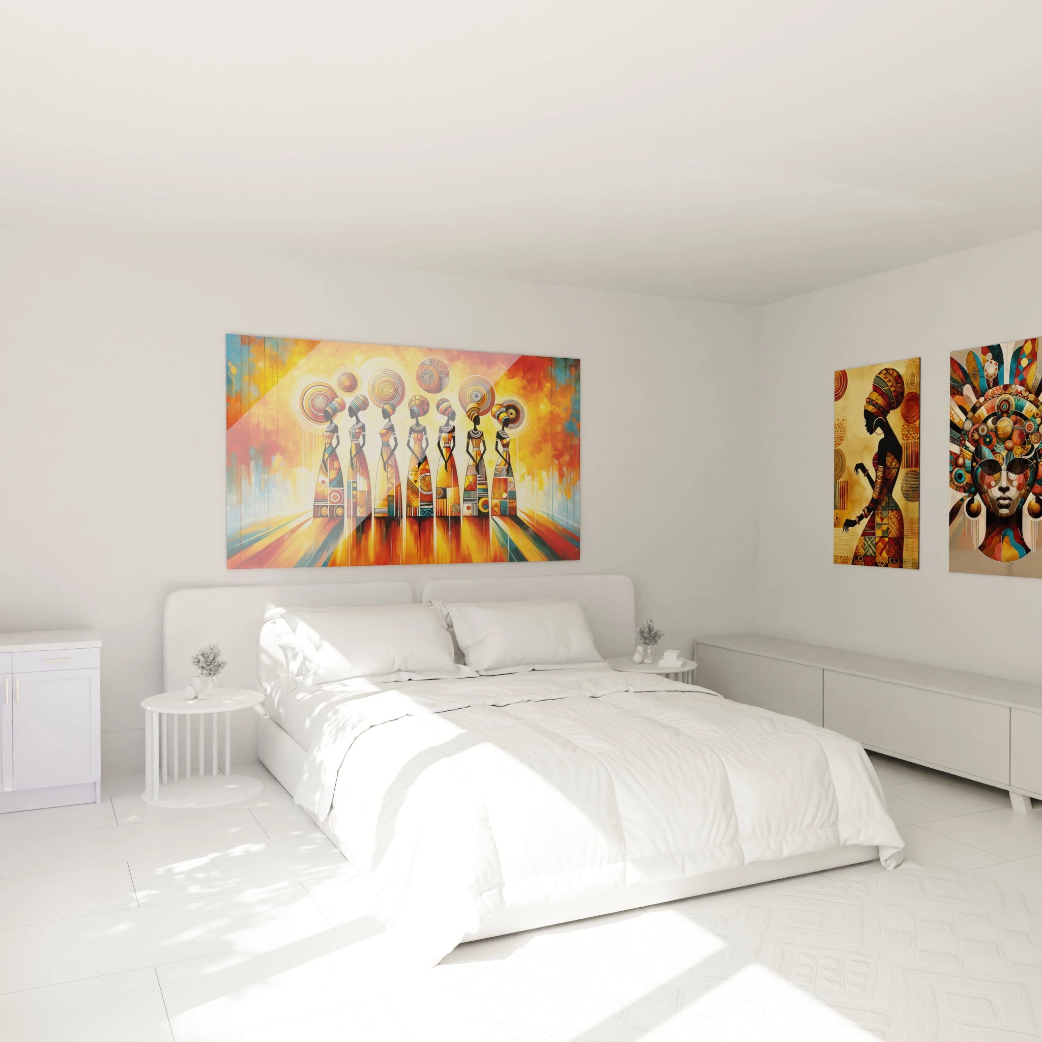 Dans cette chambre moderne, le tableau africain accroché au-dessus du lit diffuse une chaleur éclatante, ses couleurs orange et jaune illuminant l’espace avec l'énergie du soleil africain.