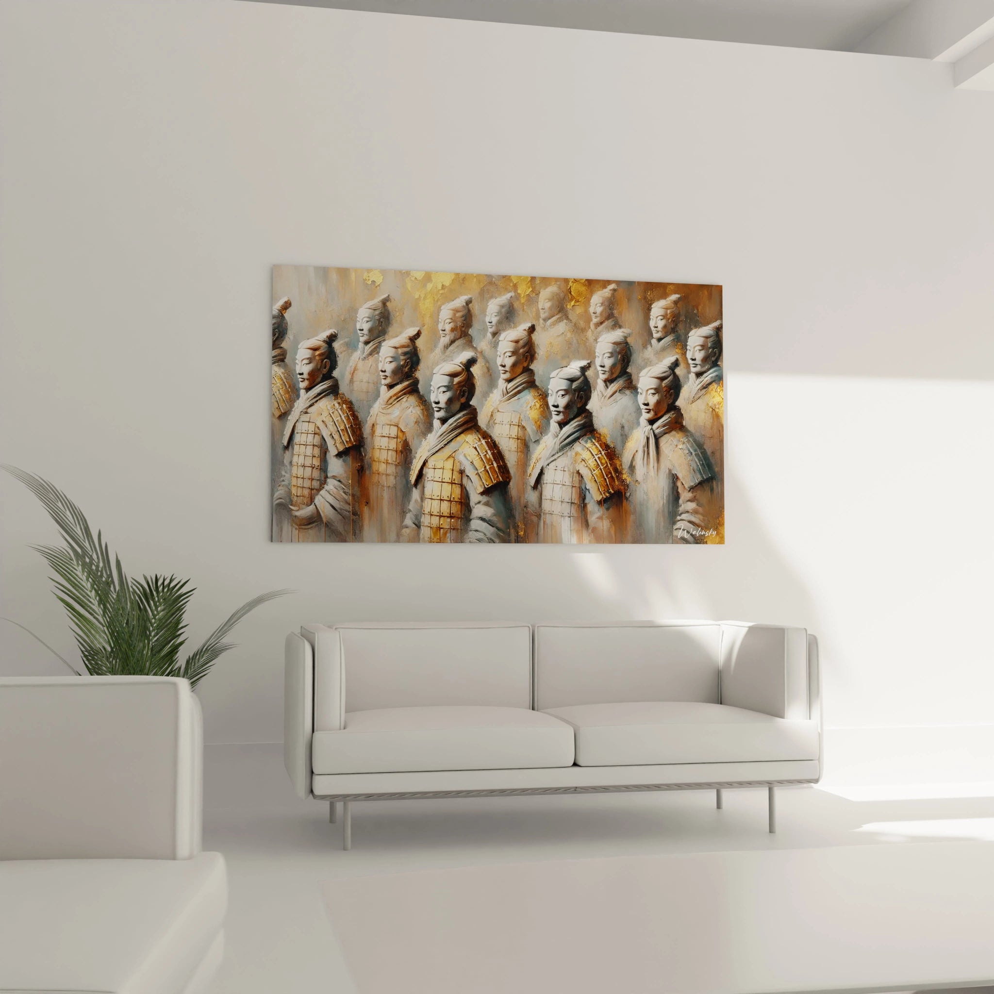 tableau chinois dans le salon au dessus d un canape : ce tableau chinois apporte une atmosphere unique, melant l essence immortelle des guerriers a la chaleur des reflets dores, evoquant une force intemporelle au salon