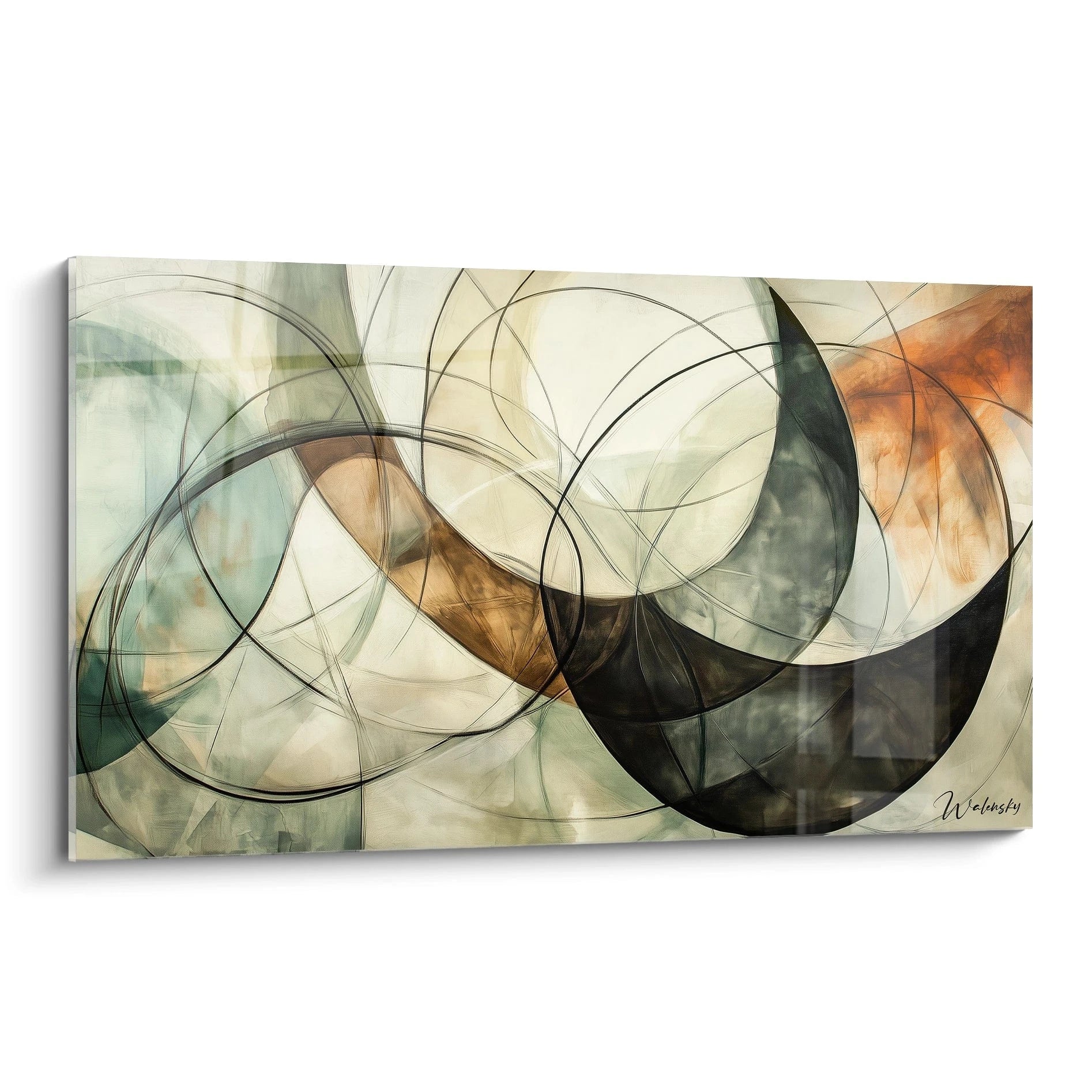 Un tableau peinture contemporaine abstrait avec des formes entrelacées, des lignes noires fluides et des teintes beige, bronze et noir, sur un fond texturé doux.