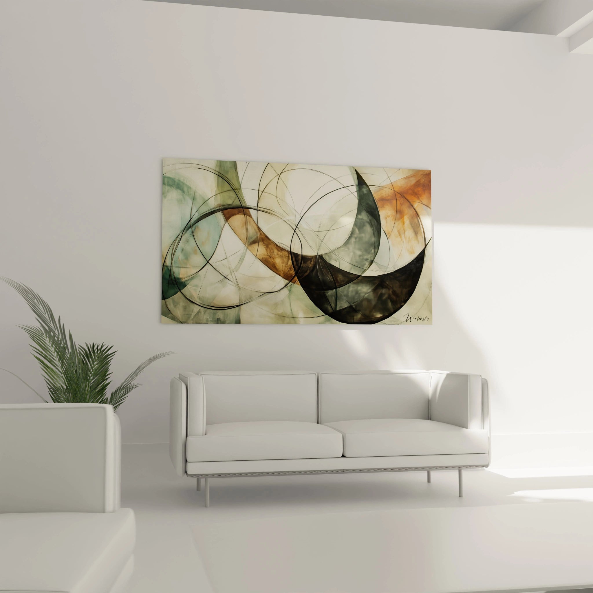 Tableau peinture contemporaine abstrait aux formes organiques et circulaires, avec des teintes beige et noir, et des textures lisses contrastant avec des lignes graphiques.