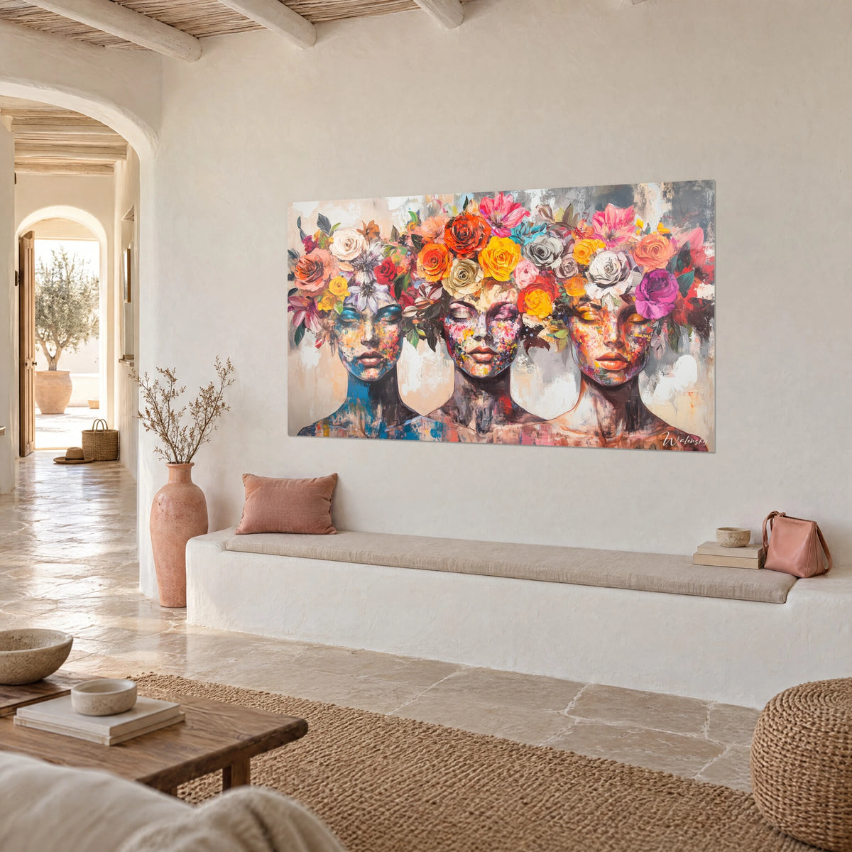 Wall art trio of muses covered in bright pink peonies and saffron roses, tone-on-tone with the cushion, in a Mediterranean lounge