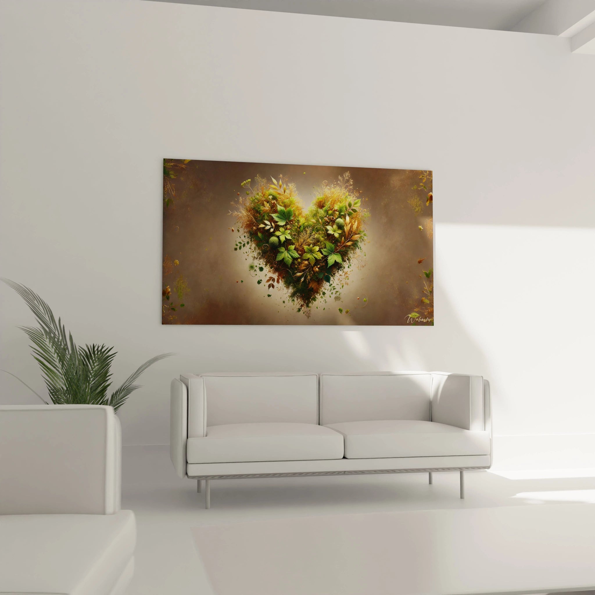 Dans votre salon, ce tableau coeur au-dessus du canapé crée un point focal naturel et romantique. Une touche d élégance végétale pour un intérieur chaleureux.