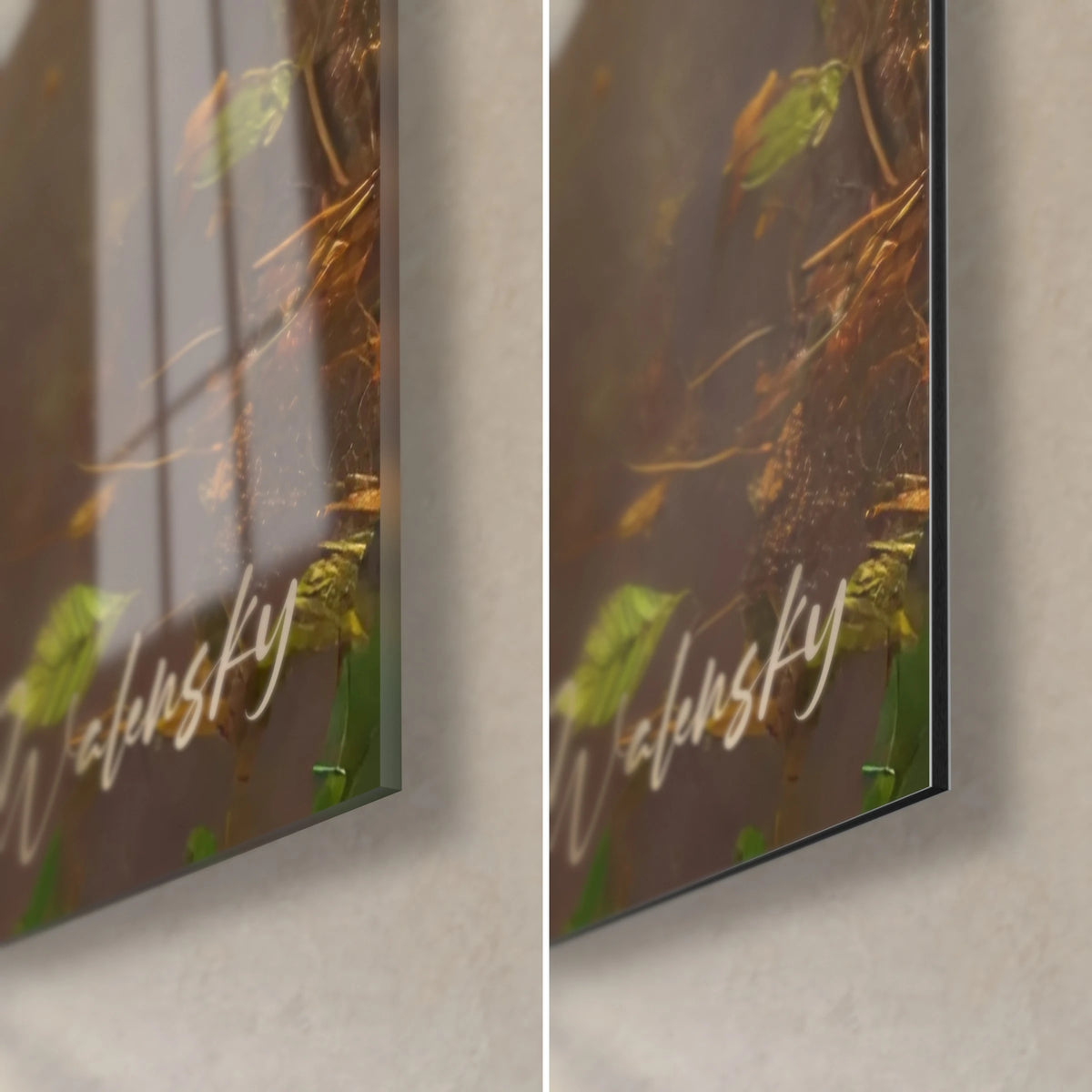 Schilderij hart van groene bladeren en koperkleurig gras, rechtsonder: glanzend glas met reflecties, mat zwart Dibond, rand van 3 mm