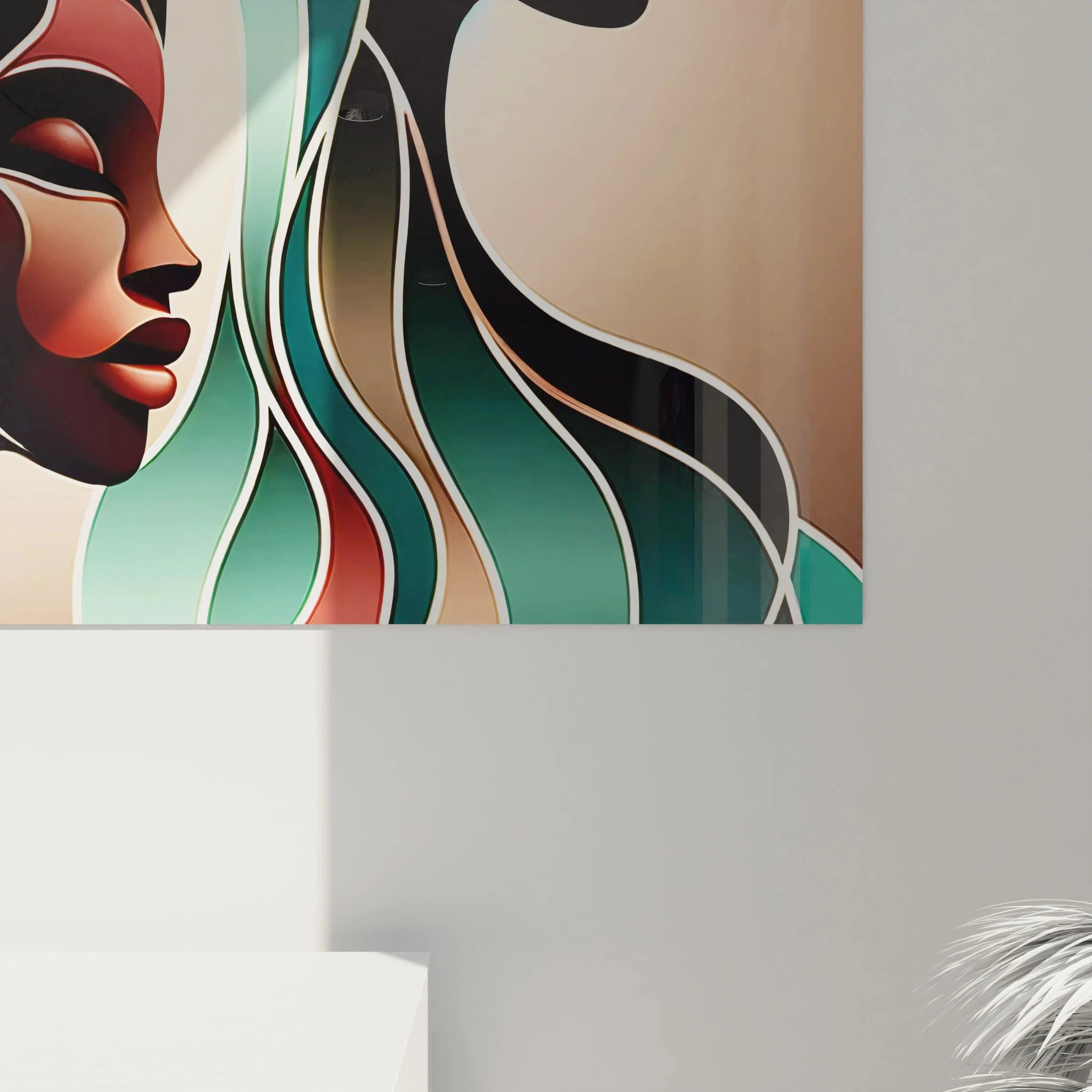 Gros plan du tableau africain, montrant les lignes fluides et les dégradés de marron, vert et rose qui évoquent l’introspection et l’unité à travers des formes abstraites et des silhouettes féminines puissantes.