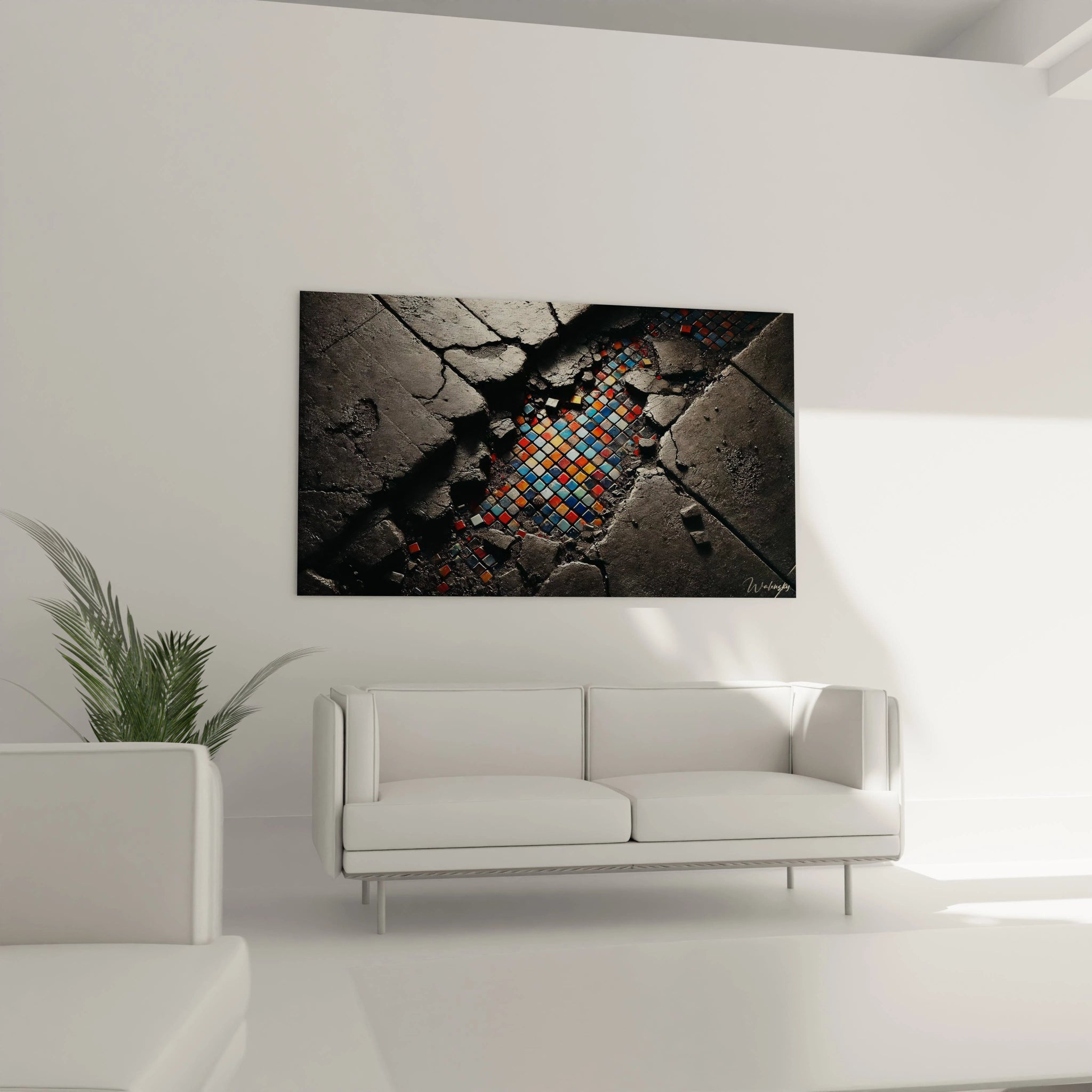 Sublimez votre salon avec le tableau Mosaique. Suspendu au-dessus du canapé, il attire le regard et invite à découvrir la magie cachée dans chaque détail coloré.