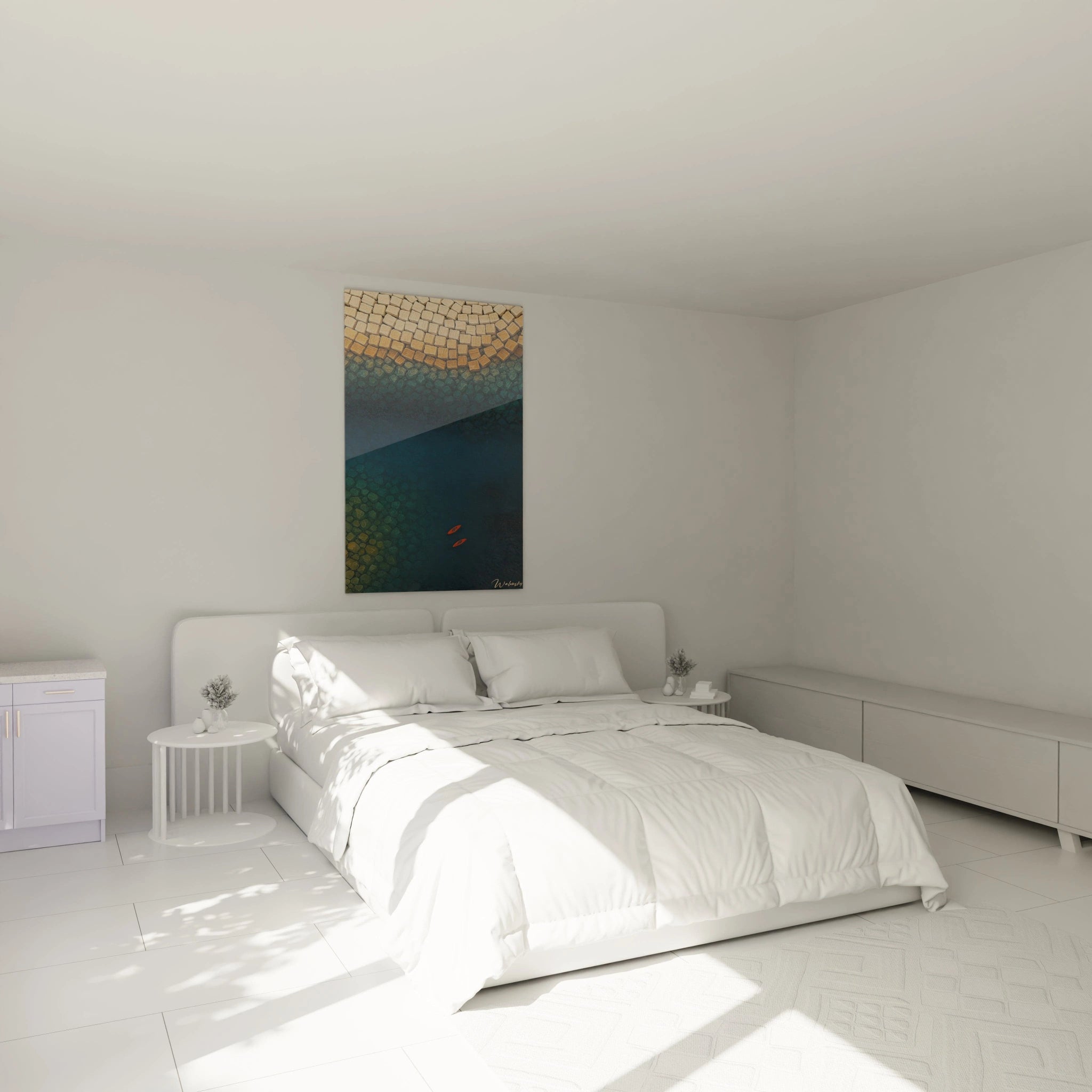 Un tableau vue aérienne montrant une plage de petits carrés beiges et dorés formant un arc qui se fond progressivement dans des eaux bleues profondes, où deux embarcations orange créent un contraste saisissant.