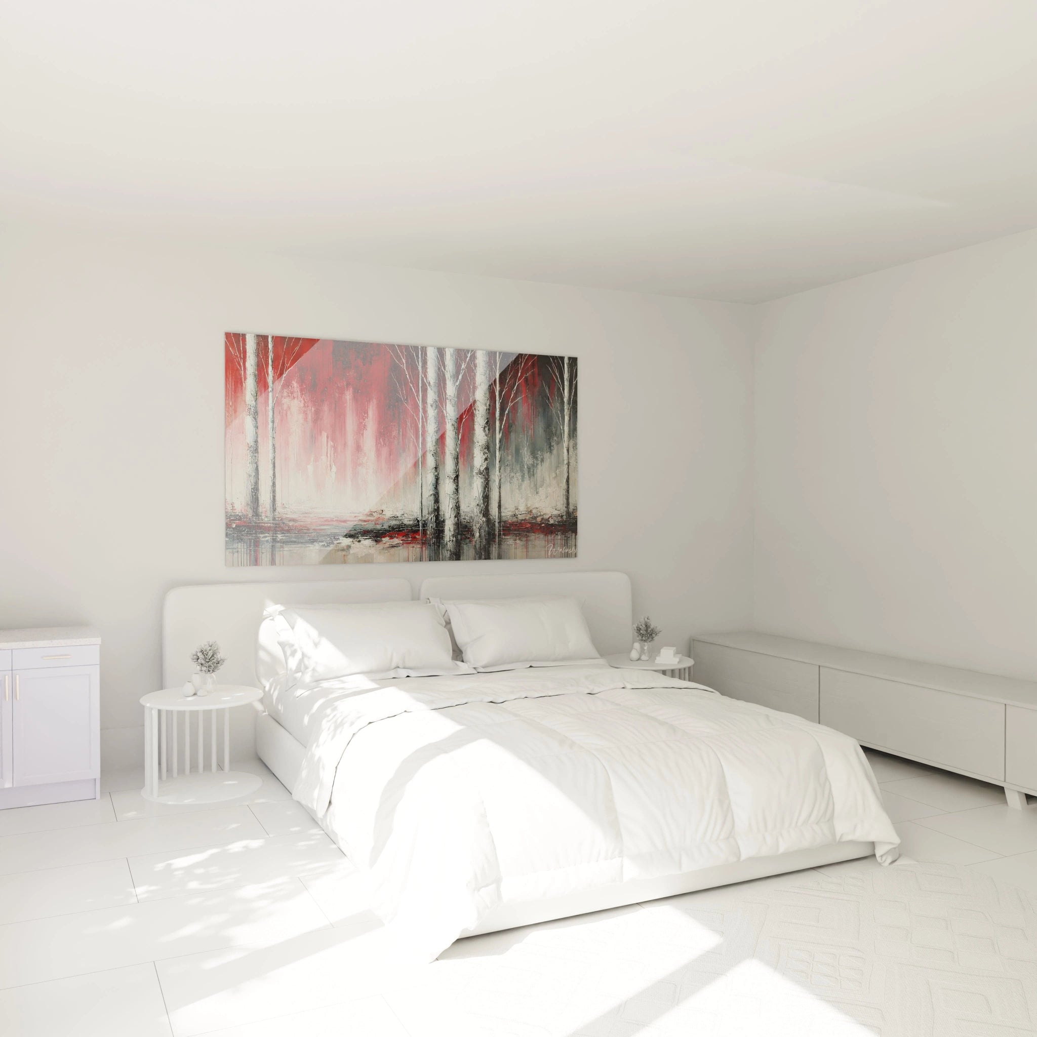 Un tableau artistique abstrait montrant des arbres élancés blancs sur un arrière-plan rouge vif et gris, combinant des textures épaisses et des coups de pinceau visibles.