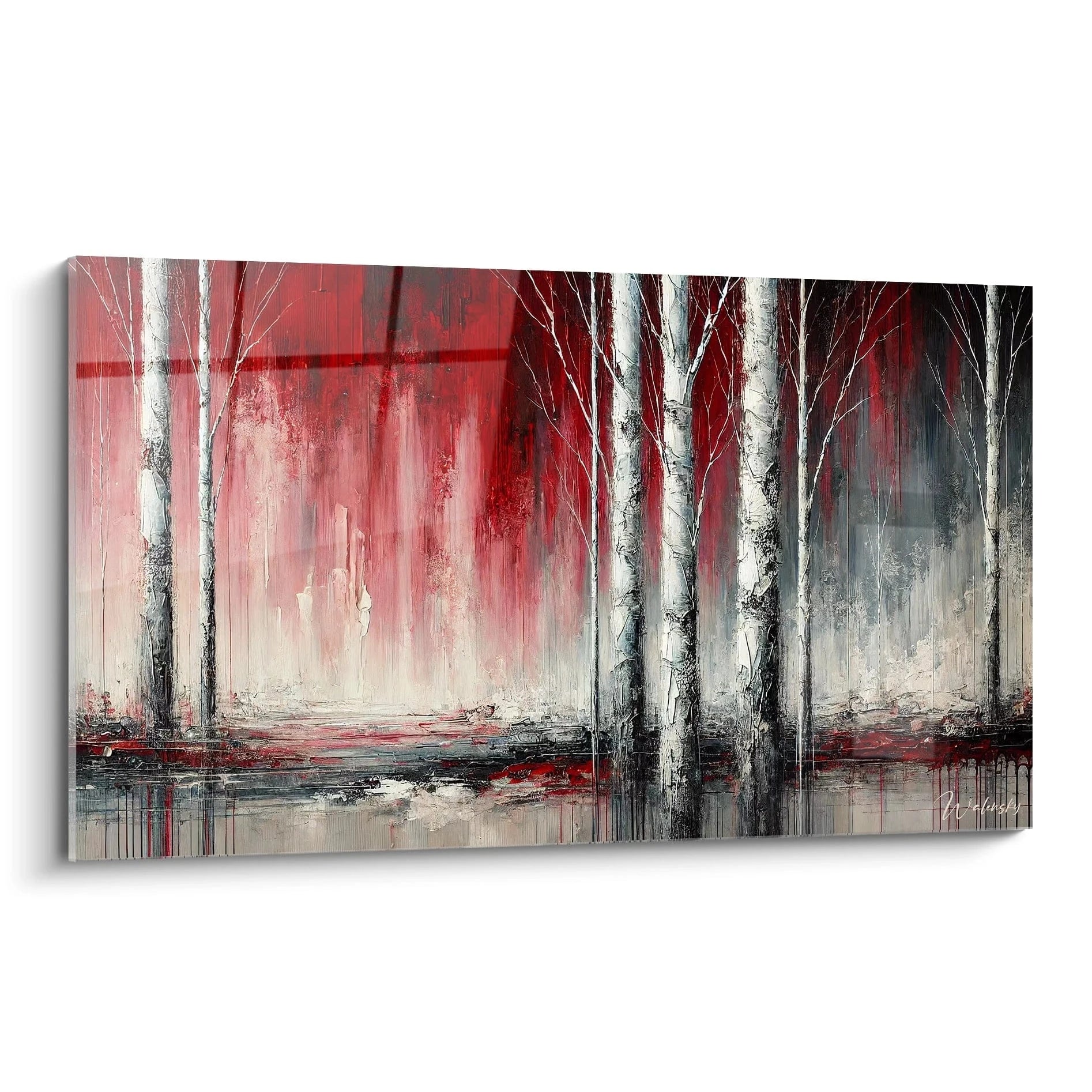 Un tableau artistique abstrait représentant des troncs d'arbres blancs texturés sur un fond dégradé de rouge et gris, avec des reliefs marqués et des lignes verticales nettes.