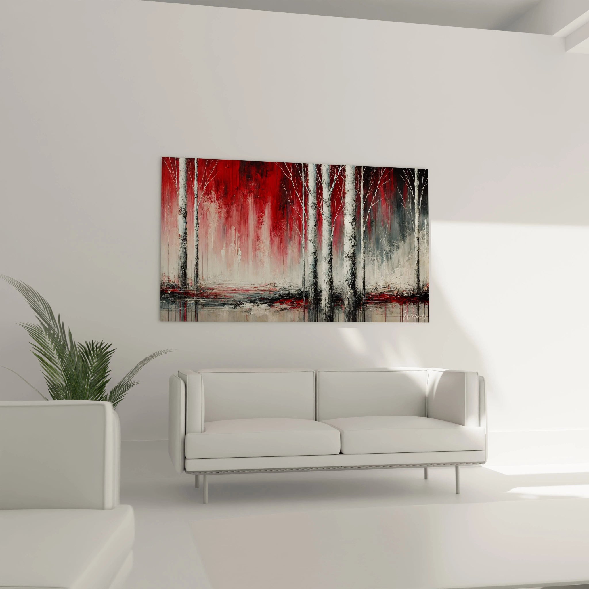 Un tableau artistique abstrait mettant en scène des troncs blancs détaillés et texturés, entourés de teintes rouges et grises, avec des lignes fines et des effets de profondeur.