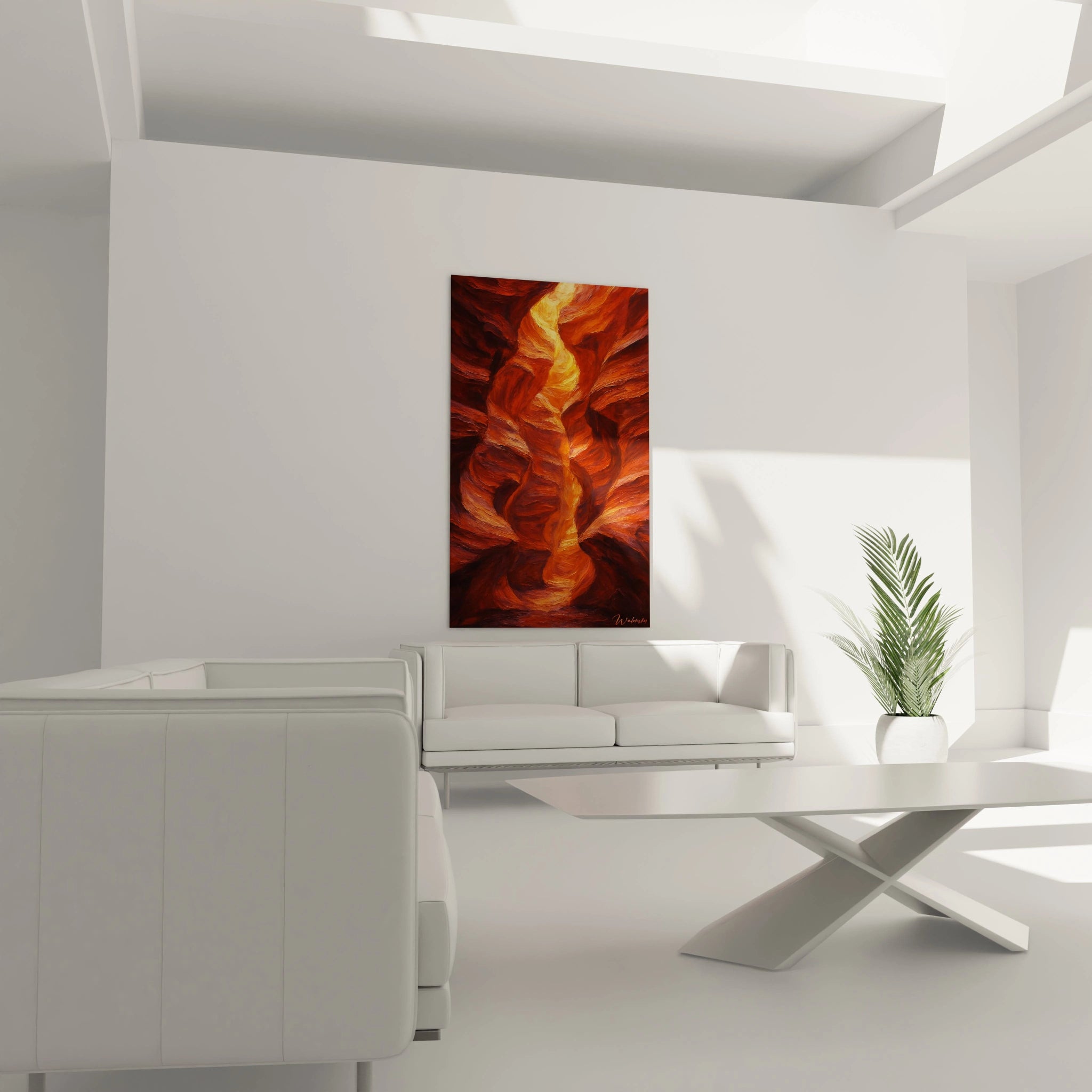 Un tableau canyon montrant une faille rocheuse vue d'en haut, aux parois texturées de rouge orangé et brun profond, traversée par un chemin de lumière dorée qui crée un contraste dramatique, avec des empâtements qui reproduisent fidèlement la rugosité de la pierre érodée.